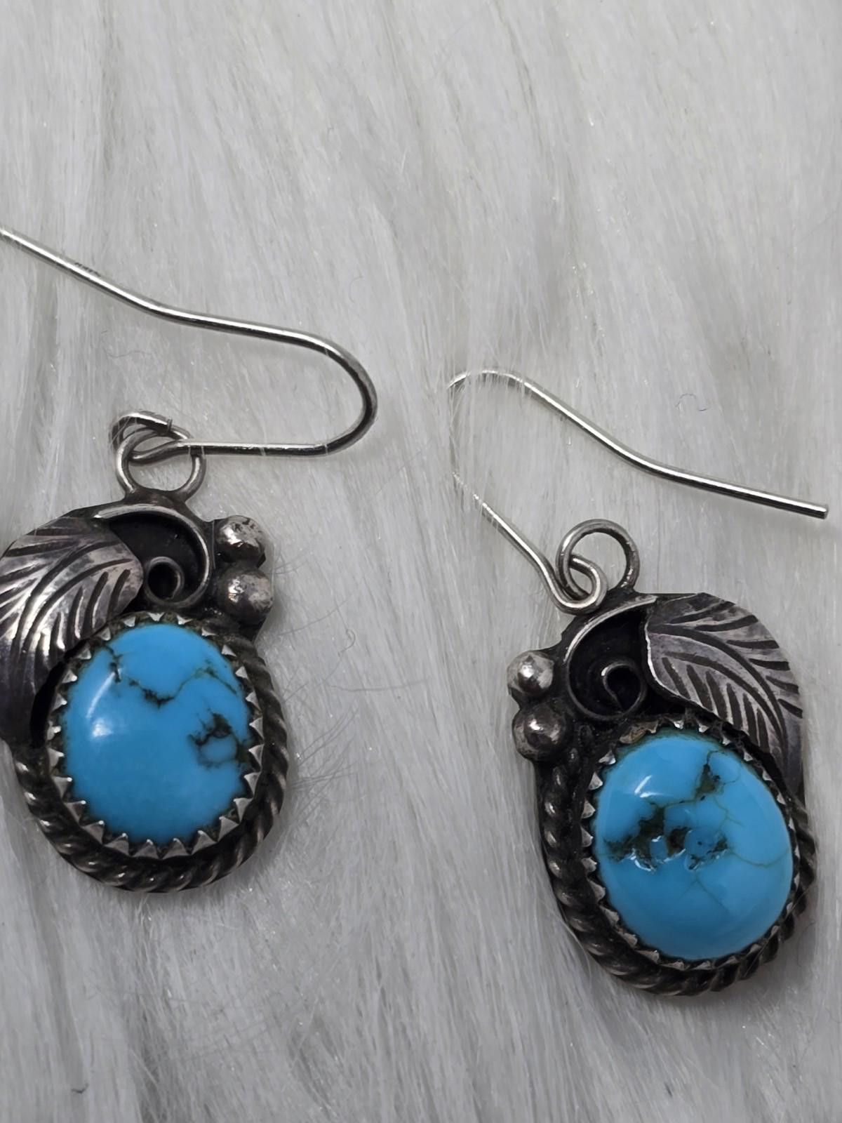 Sterling Silver Sterling Turquoise Dangle Earrings Leaf AMB Signed Size ONE SIZE - 3 Thumbnail