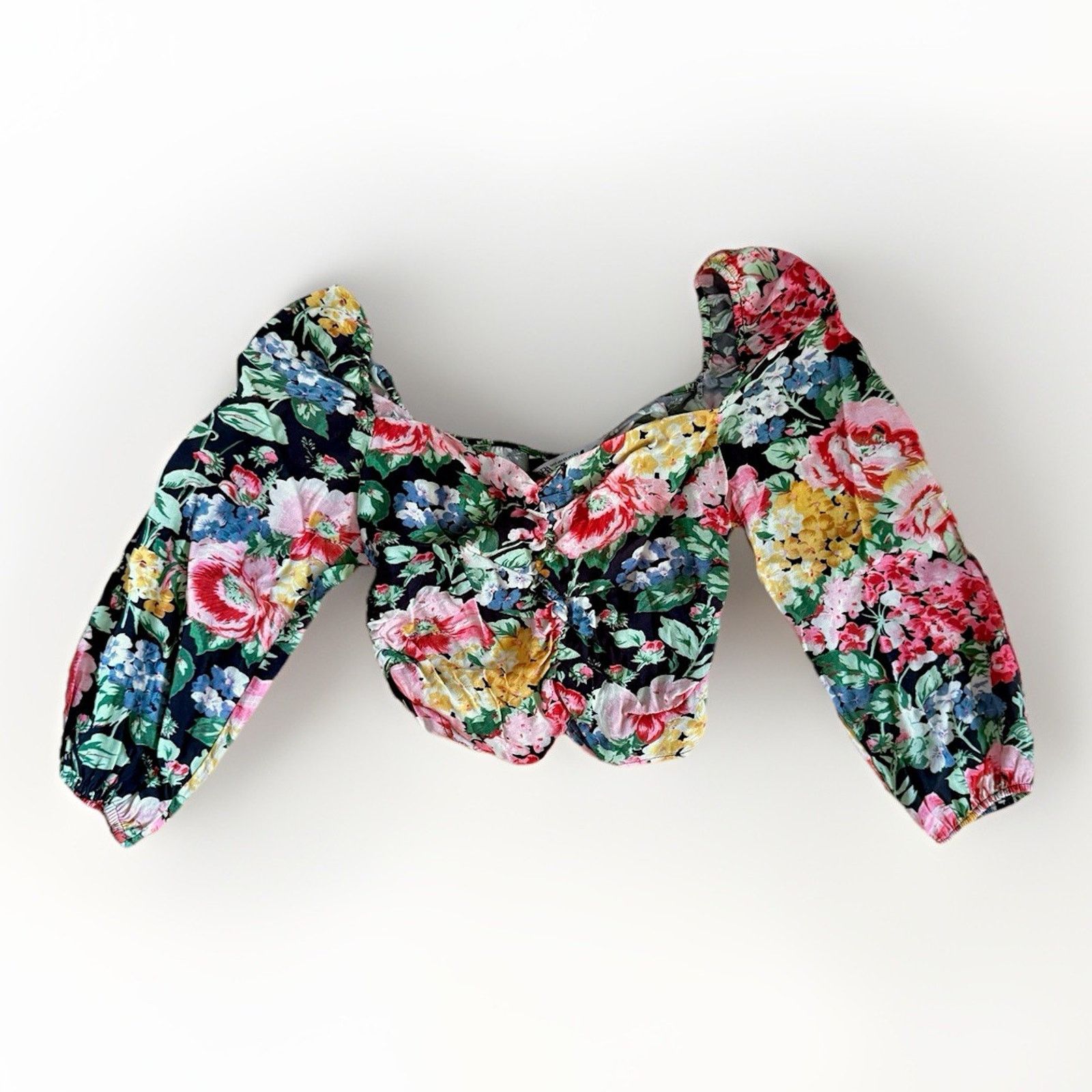 Zara Zara Women Black Floral 3/4 Sleeve Crop Blouse Top Size XS Size XS / US 0-2 / IT 36-38 - 7 Thumbnail