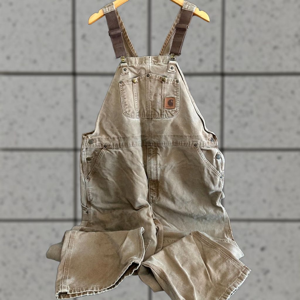 Carhartt VINTAGE Carhartt R01 BRN Men's 44x30 Khaki Duck Carpenter Bib Overalls Distressed Lot 2 pairs Size US 44 / EU 60 - 1 Thumbnail