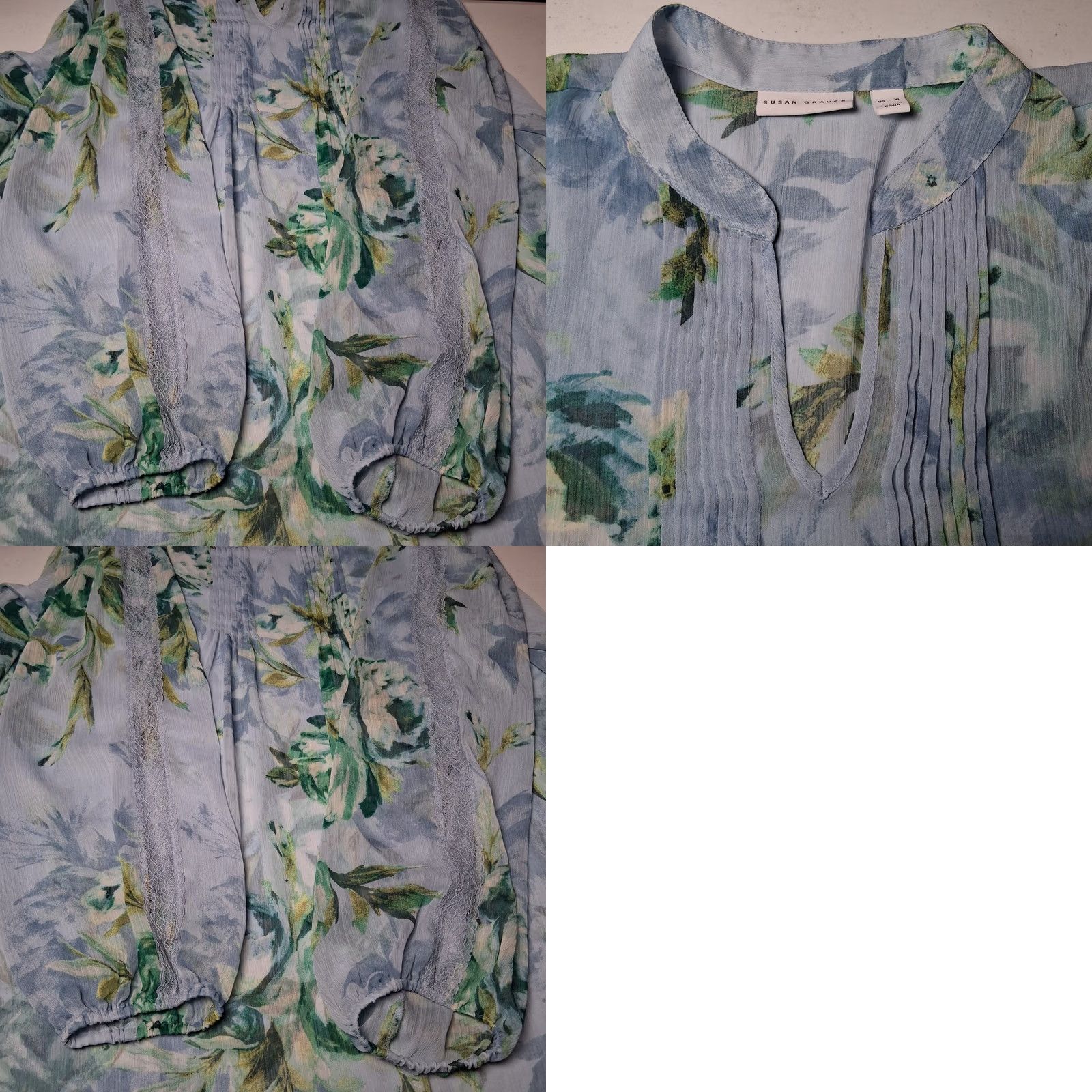 Vintage Susan Graver Blouse XL Blue Peony Floral Long Sleeve Semi Sheer Lace Pleated Womens Blouse Size XL / US 12-14 / IT 48-50 - 9 Thumbnail