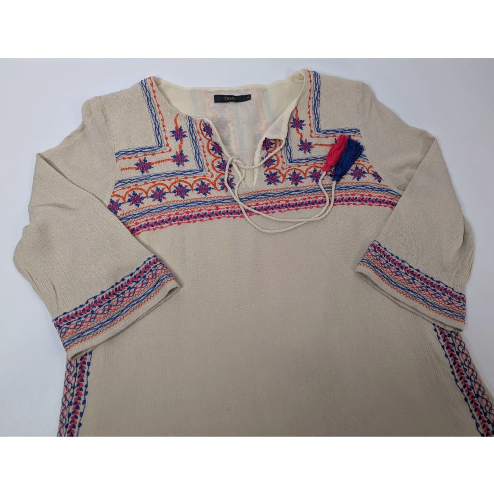 Anthropologie VINTAGE THML Anthropologie Embroidered Womens M Tunic Top Beige Shirt 3/4 Sleeve Lined Size M / US 6-8 / IT 42-44 - 2 Thumbnail