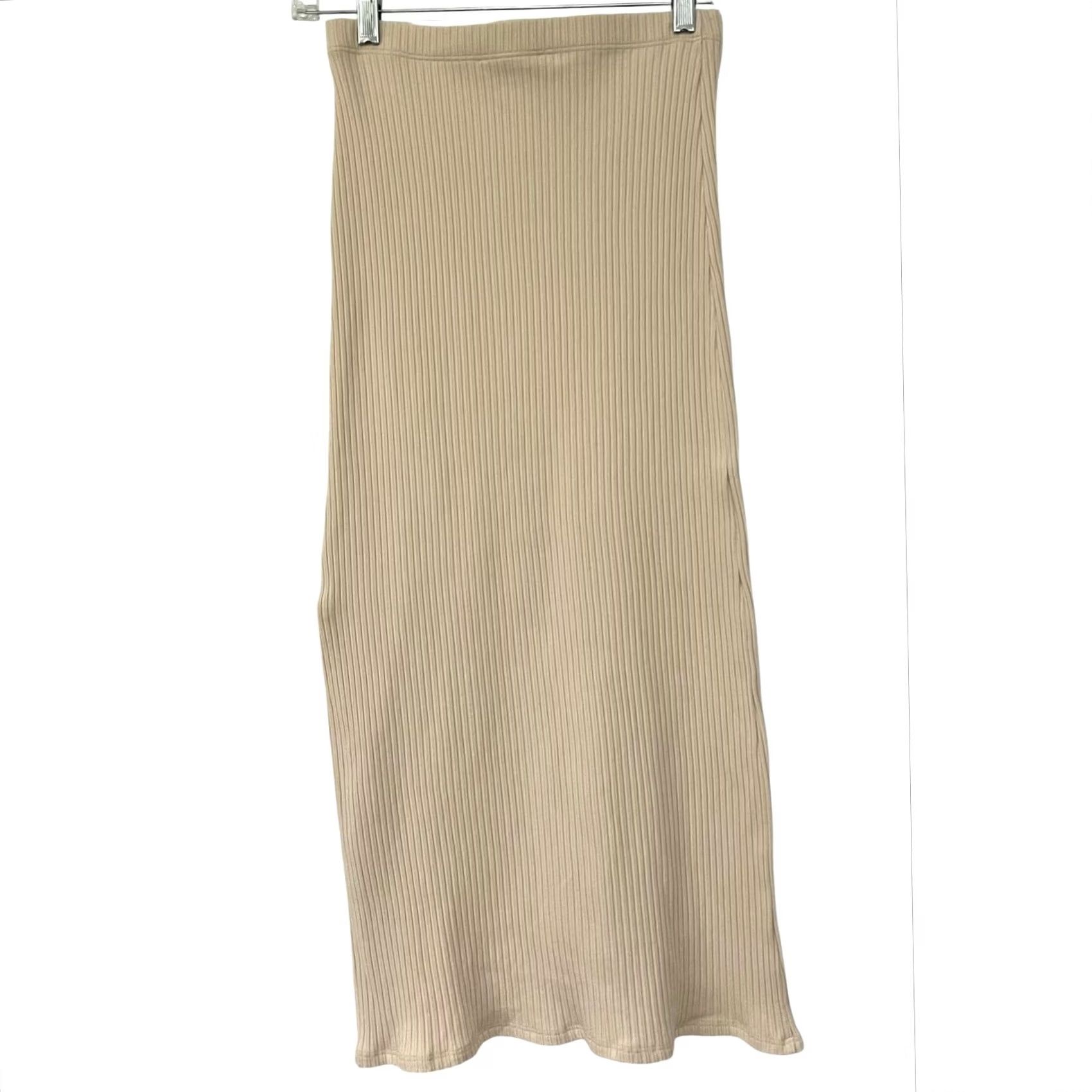 Reformation VINTAGE Reformation Skirt Ribbed Stretch Beige Cotton & Tencel Blend Midi Pull On XS M Beige Solid 90s Party/Cocktail Womens Size 32" / US 10 / IT 46 - 3 Thumbnail