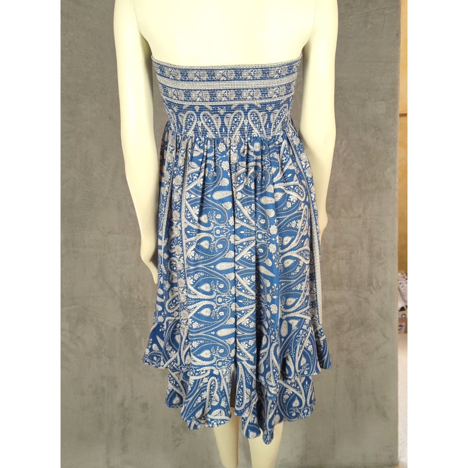 Vintage Storia Blue Boho Bandana Printed Ruffle Convertible Maxi Skirt Smocked Dress S (Blue) Green? Size 28" / US 6 / IT 42 - 5 Thumbnail