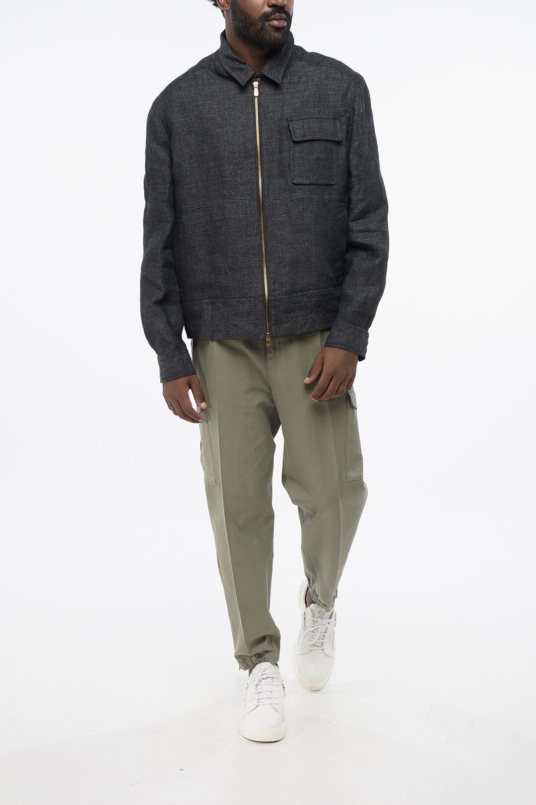 Brunello Cucinelli og1mm0725 Front Zipped Linen Overshirt in Dark Grey Size US L / EU 52-54 / 3 - 4 Thumbnail