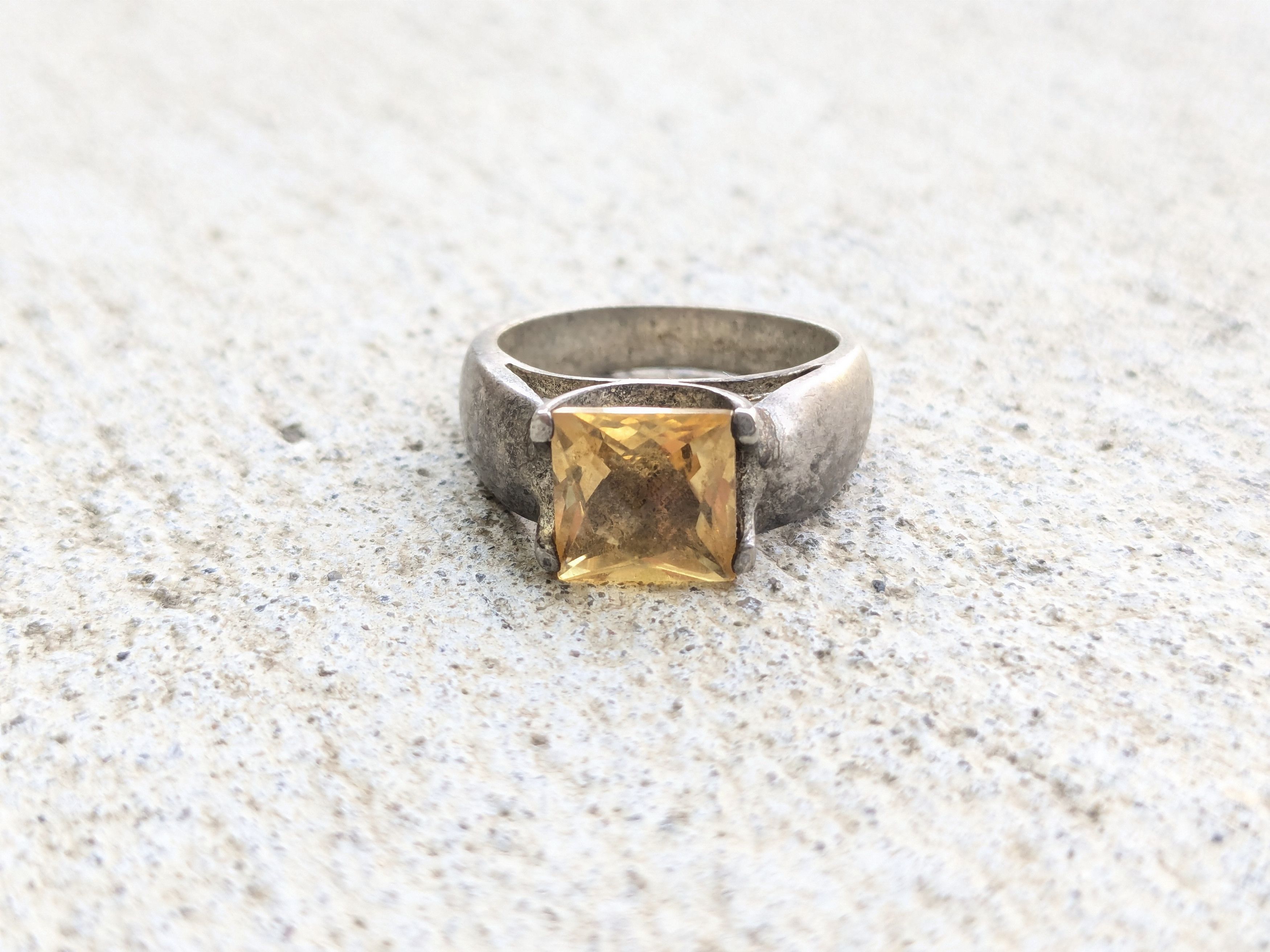 Jewelry Sterling Silver Ring Yellow Citrine Square Faceted 6 Band Size ONE SIZE - 3 Thumbnail