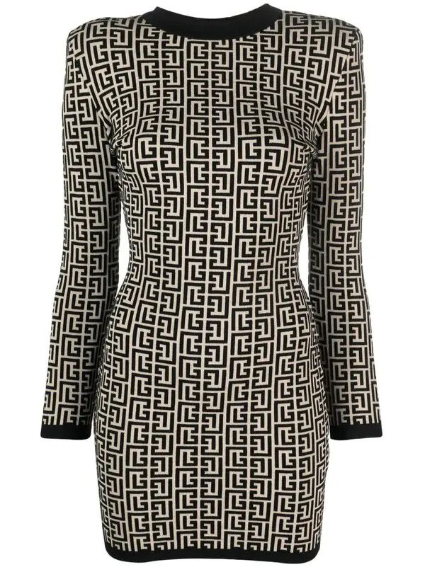 Balmain o1s1wg110725 Monogram Jacquard Dress in Black/White Size S / US 4 / IT 40 - 1 Thumbnail
