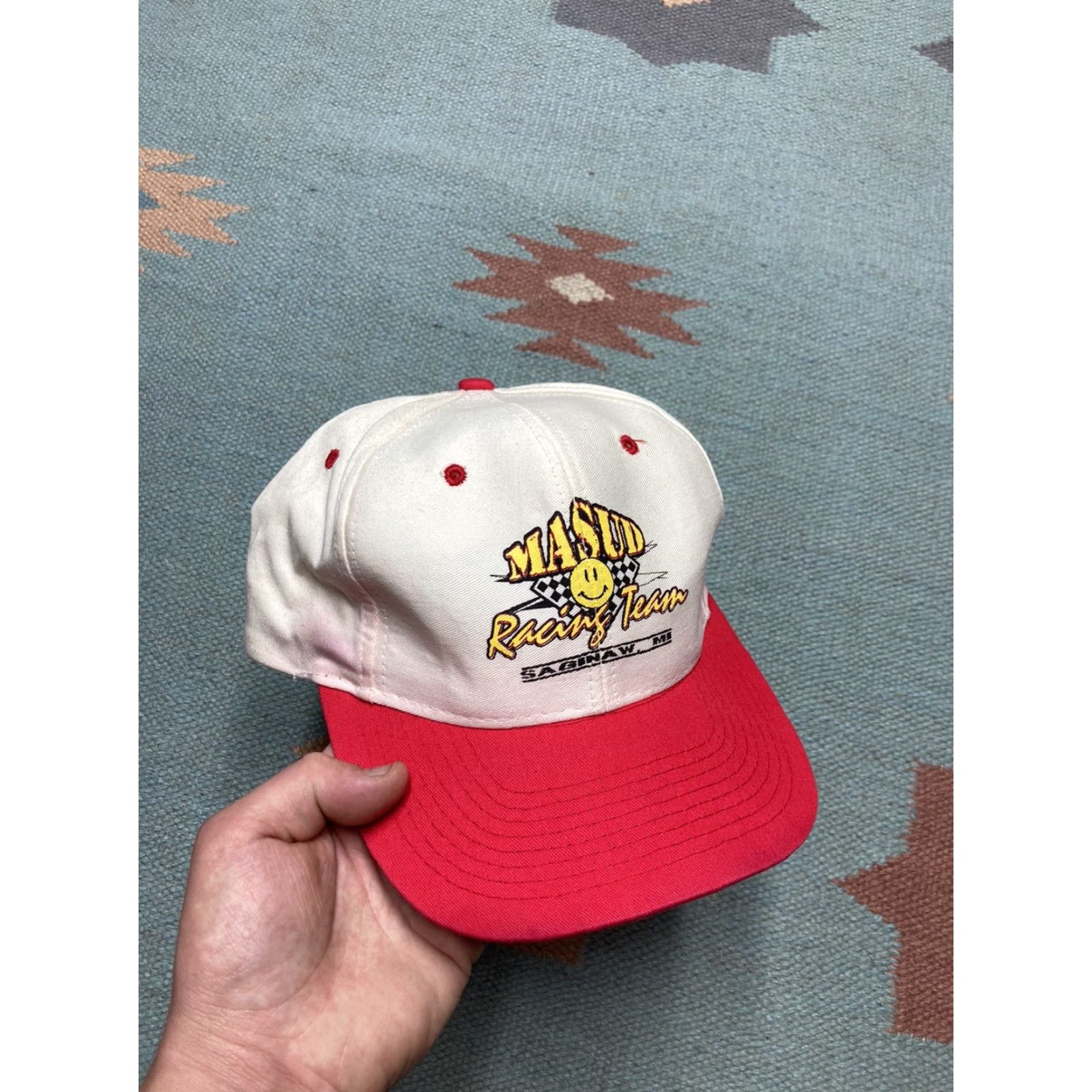 Vintage VINTAGE SnapBack hat cap Masud racing team Saginaw Michigan smiley face 90s Mens Adjustable White Snapback 90s Mens Size ONE SIZE - 2 Thumbnail