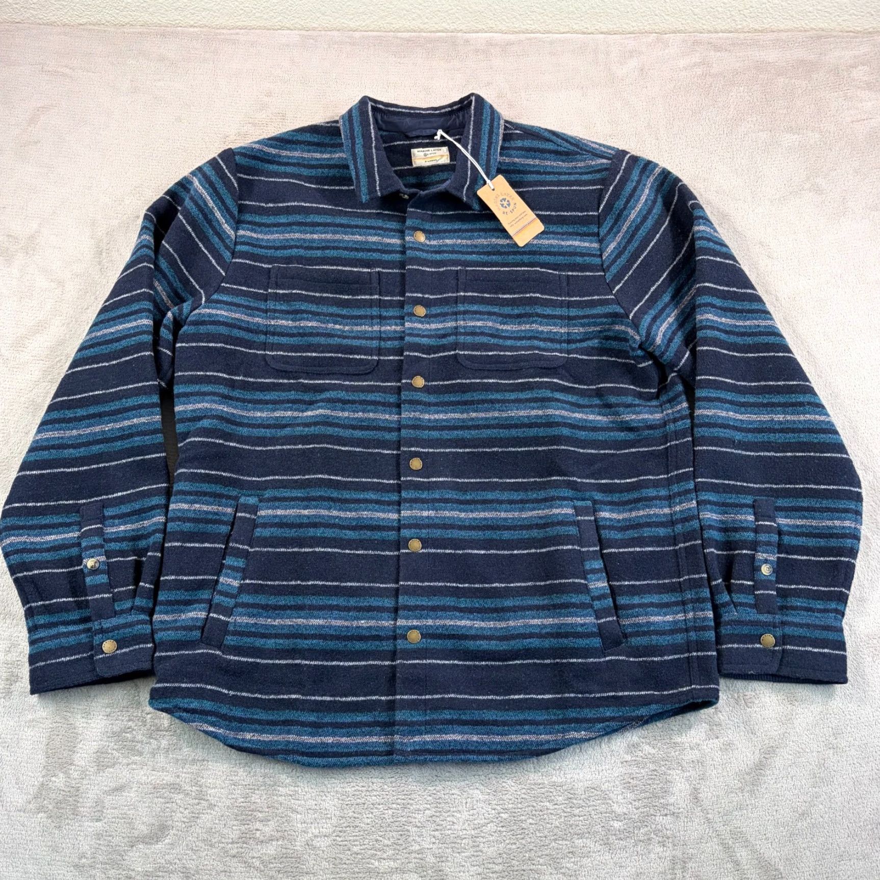 Marine Layer Marine Layer Striped Snap Shacket in Dark Navy Baja Men XL GorpCore NWT Size US XL / EU 56 / 4 - 5 Thumbnail