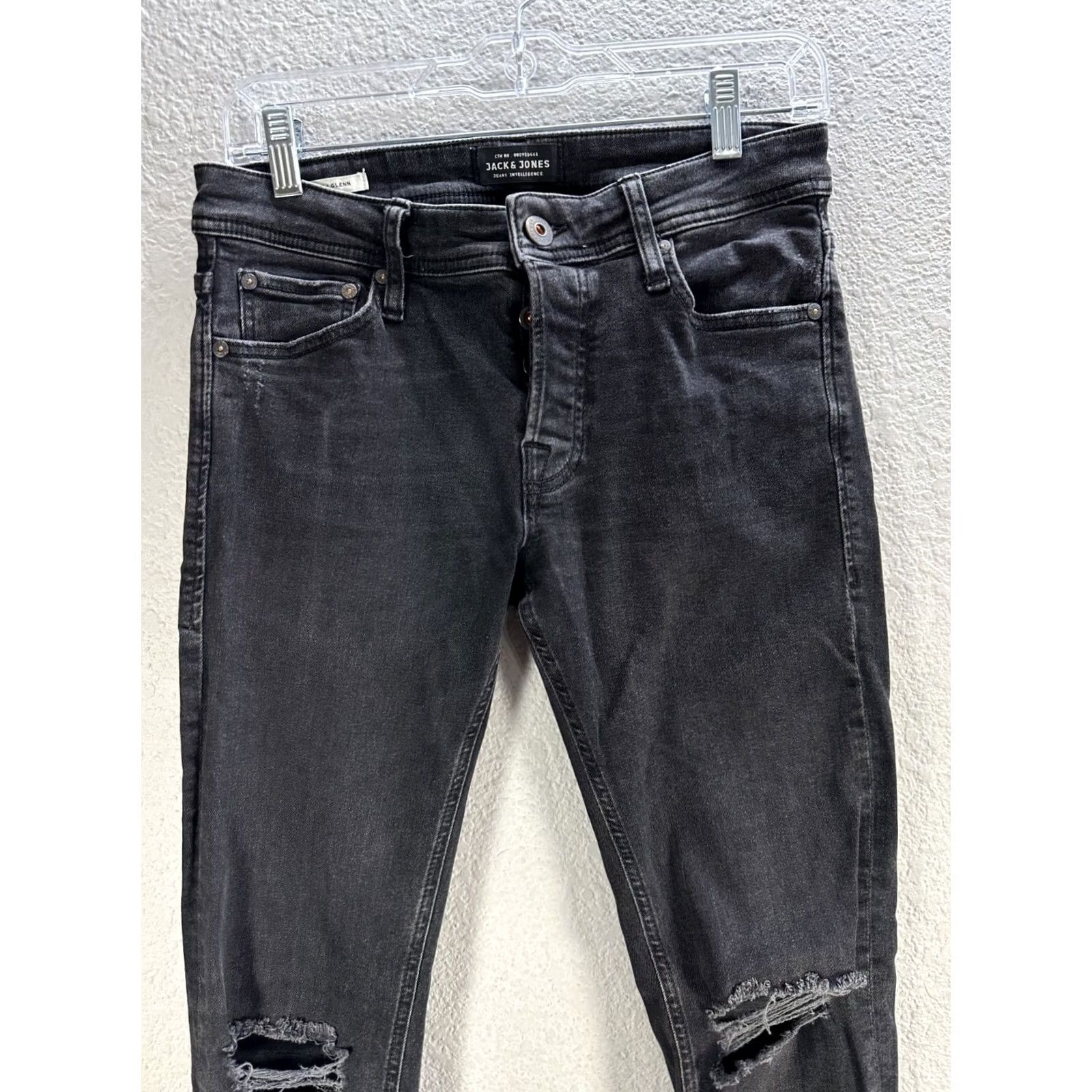 Jack & Jones JACK & JONES Men's Slim Jeans Ankle Black 28 Distressed Cotton Button 32in Inseam Jeans Regular Slim Fit Distressed Womens Men Girls Size US 28 / EU 44 - 4 Thumbnail