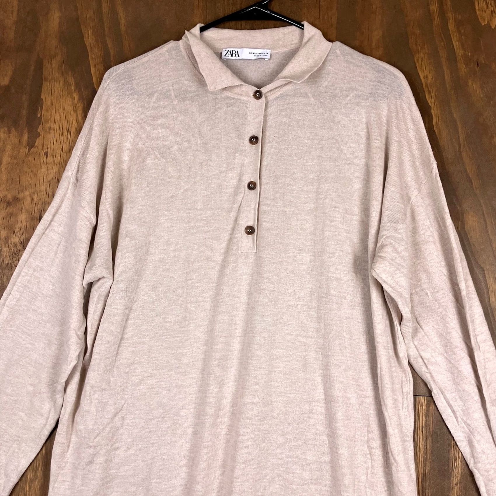 Zara ZARA Dress Beige Polo Button Henley Slit Long Sleeve Linen Blend M Womens Shirt OR Dress Size M / US 6-8 / IT 42-44 - 2 Thumbnail
