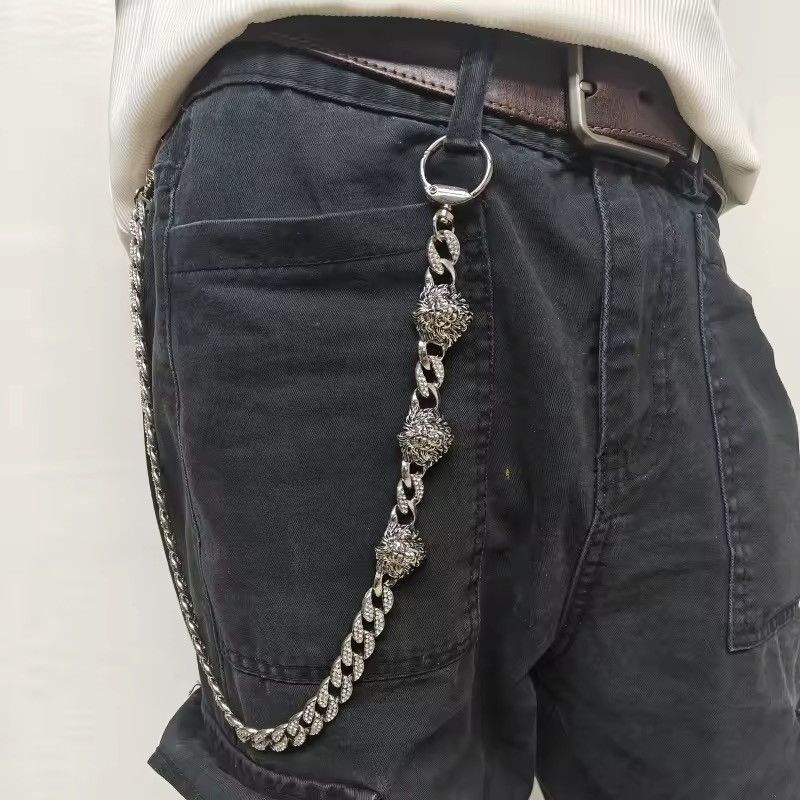 Jewelry Silver Lion Head Rhinestone Cuban Pants Chain Size ONE SIZE - 1 Thumbnail