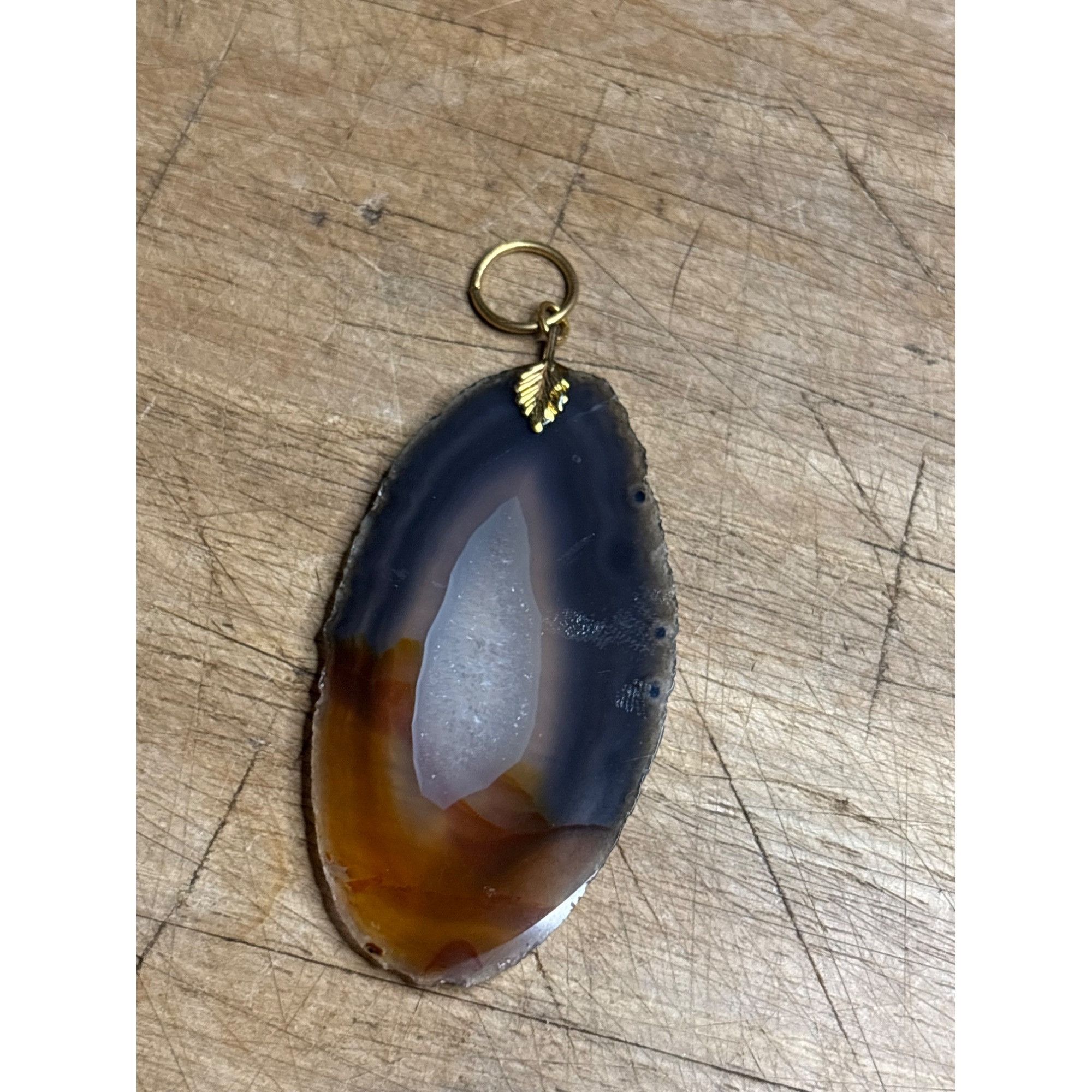 Other Natural Agate Slice Pendant With Gold Leaf Charm Size ONE SIZE - 6 Thumbnail