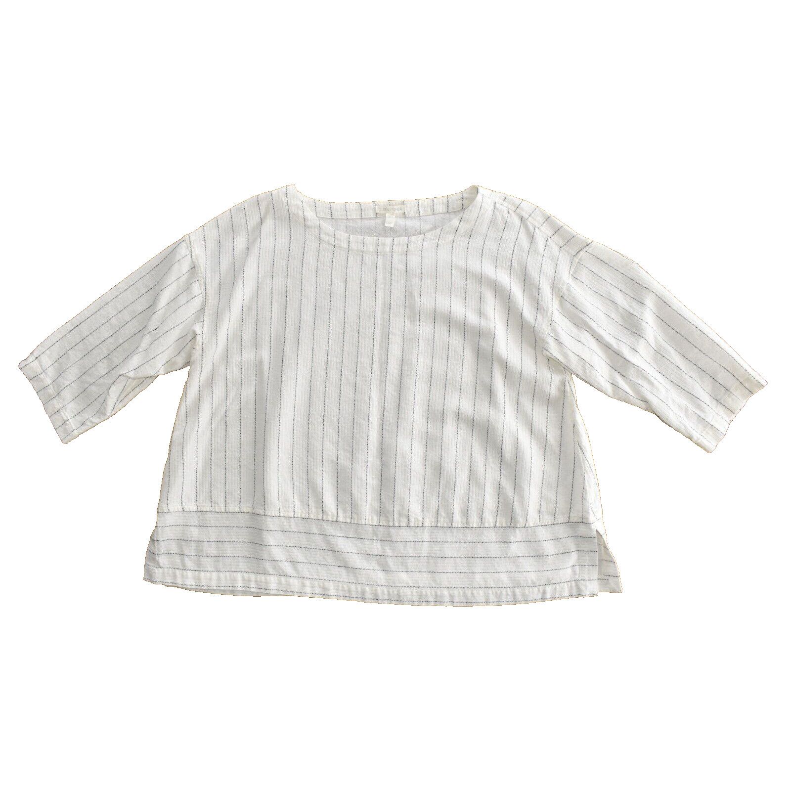 Eileen Fisher EILEEN FISHER Striped Tencel Org Cotton 3/4 Sleeve Top Sz L Size L / US 10 / IT 46 - 4 Thumbnail