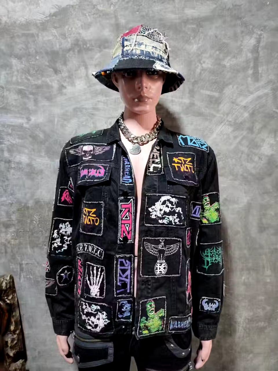 image of Avant Garde x Kokon To Zai Ktz Patches Punk Metal Core Satanic Jacket in Faded Black (Size Medium)