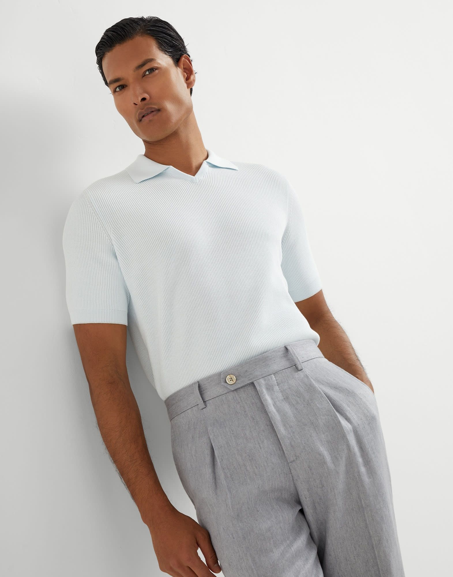 Brunello Cucinelli o1la1rc1a0426 Cotton English Rib Knit Polo Shirt in Sky Blue Size US S / EU 44-46 / 1 - 4 Thumbnail
