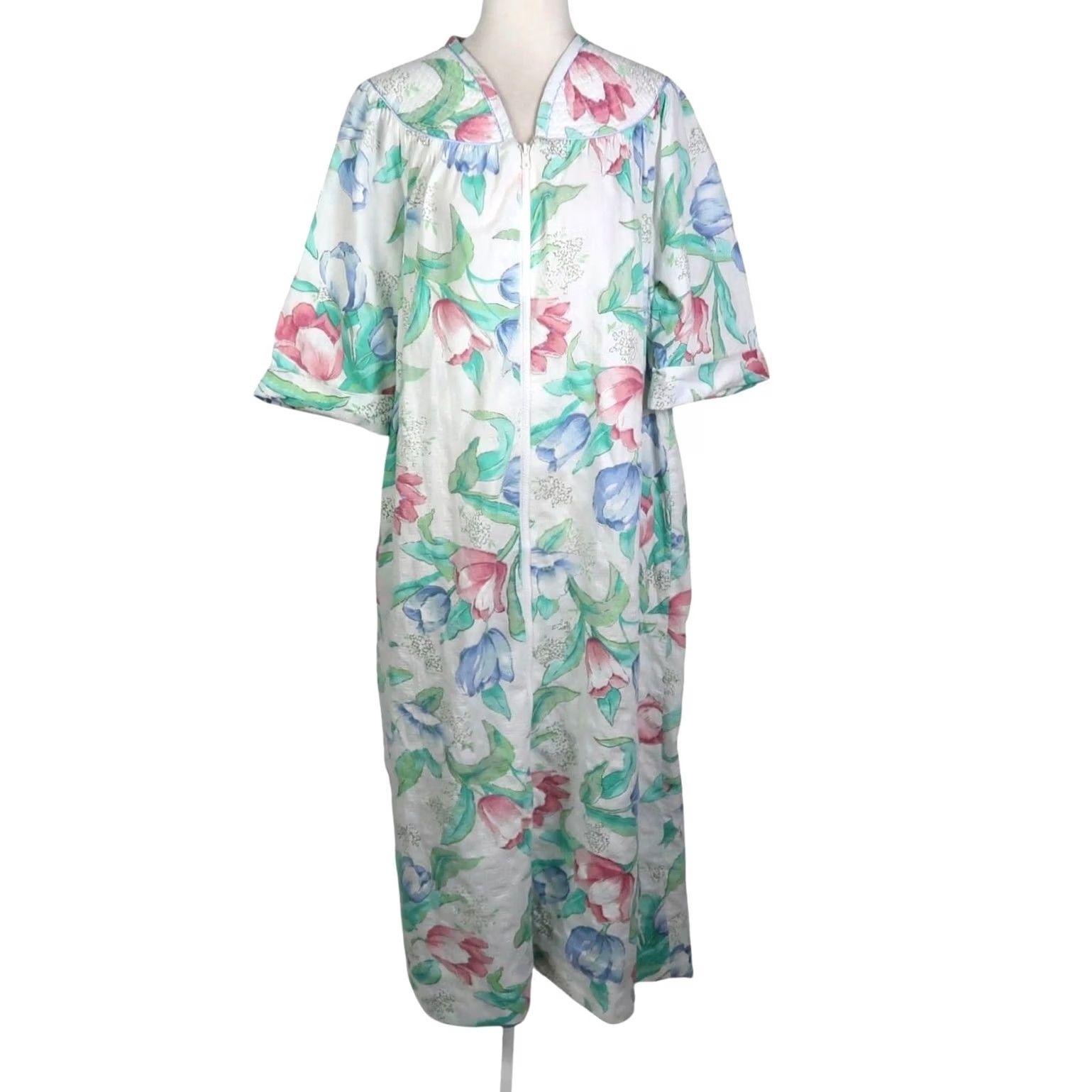 Vintage VINTAGE Muumuu Dress White Floral Zip Front 80s 3/4 Sleeve Cotton L Womens Size L / US 10 / IT 46 - 2 Thumbnail