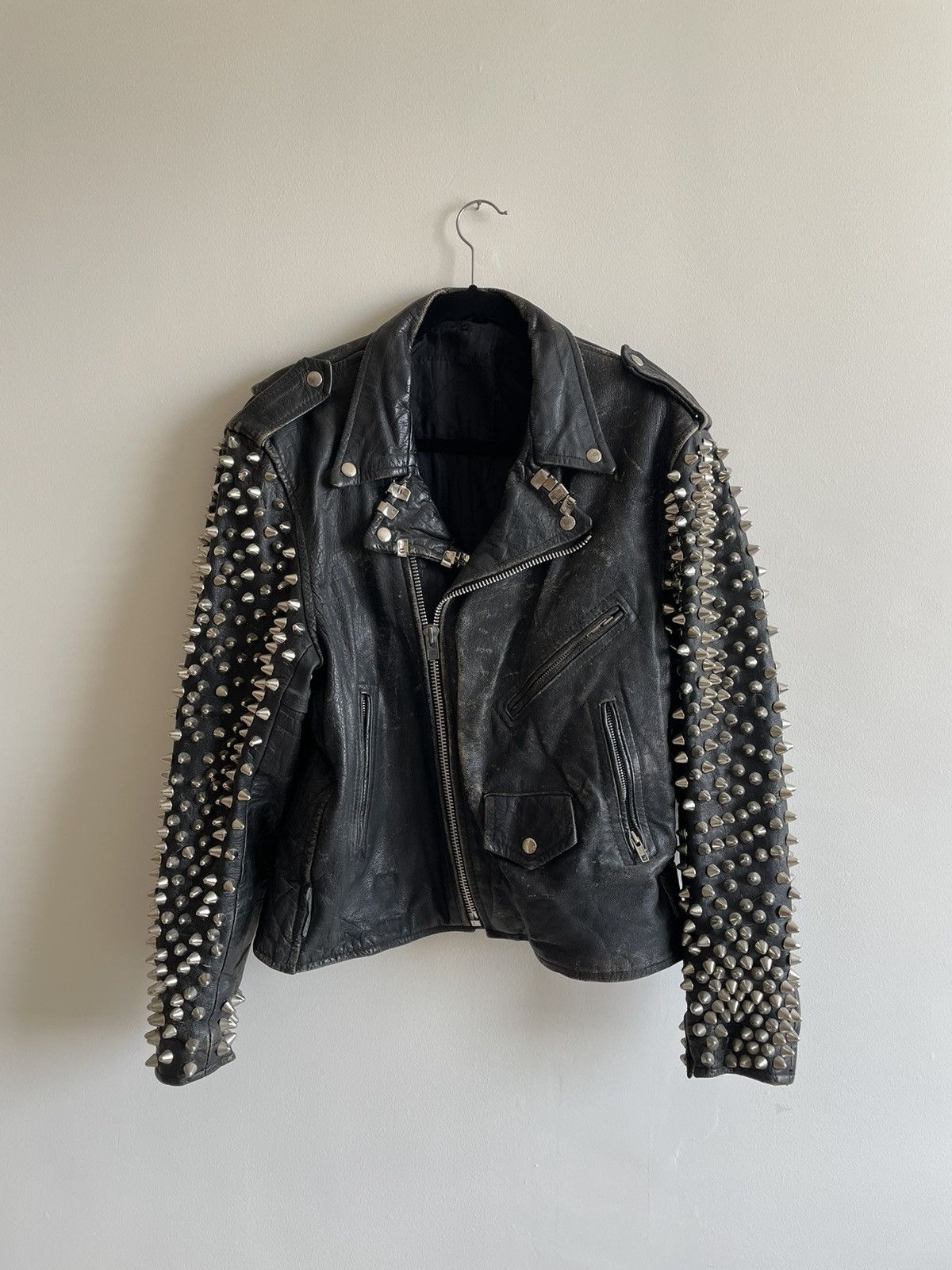 image of Vintage Leather Studded Battle Jacket in Black, Men's (Size Medium)