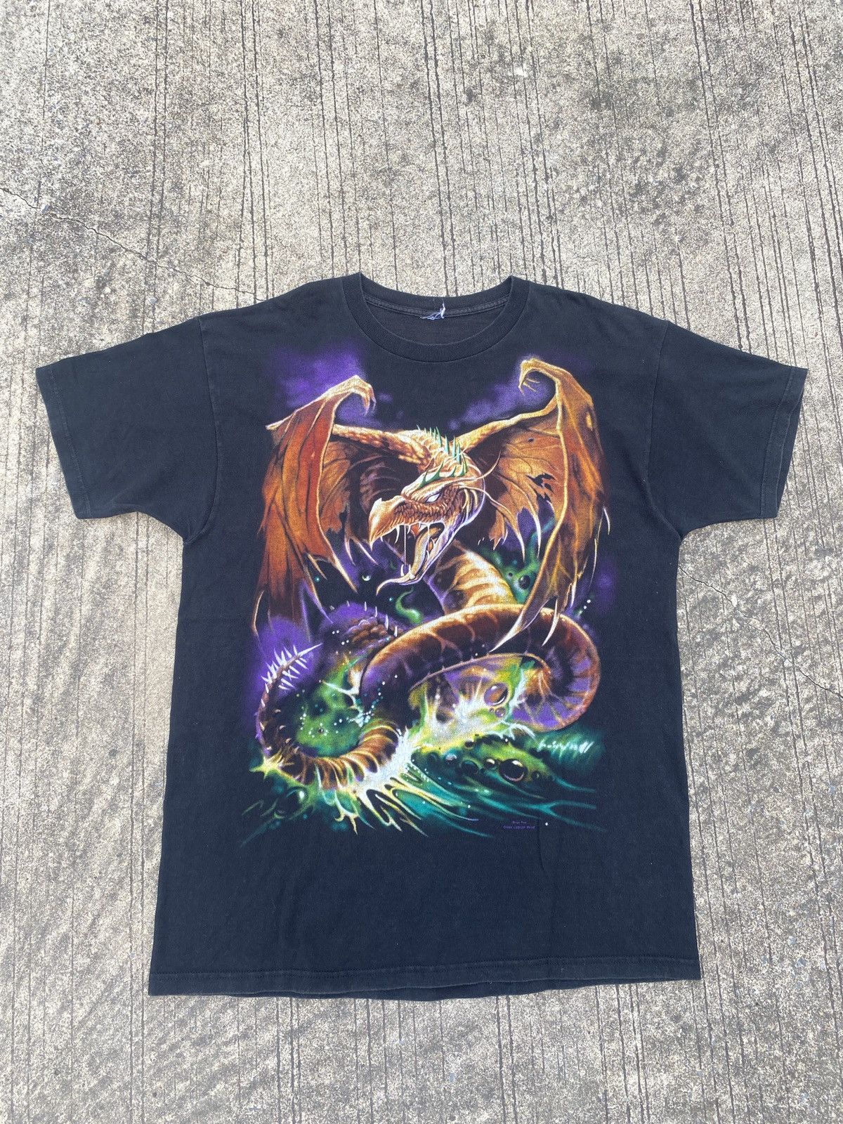 image of Vintage 1999 Liquid Blue Brian Fox Dragon Graphic T-Shirt in Black, Men's (Size XL)