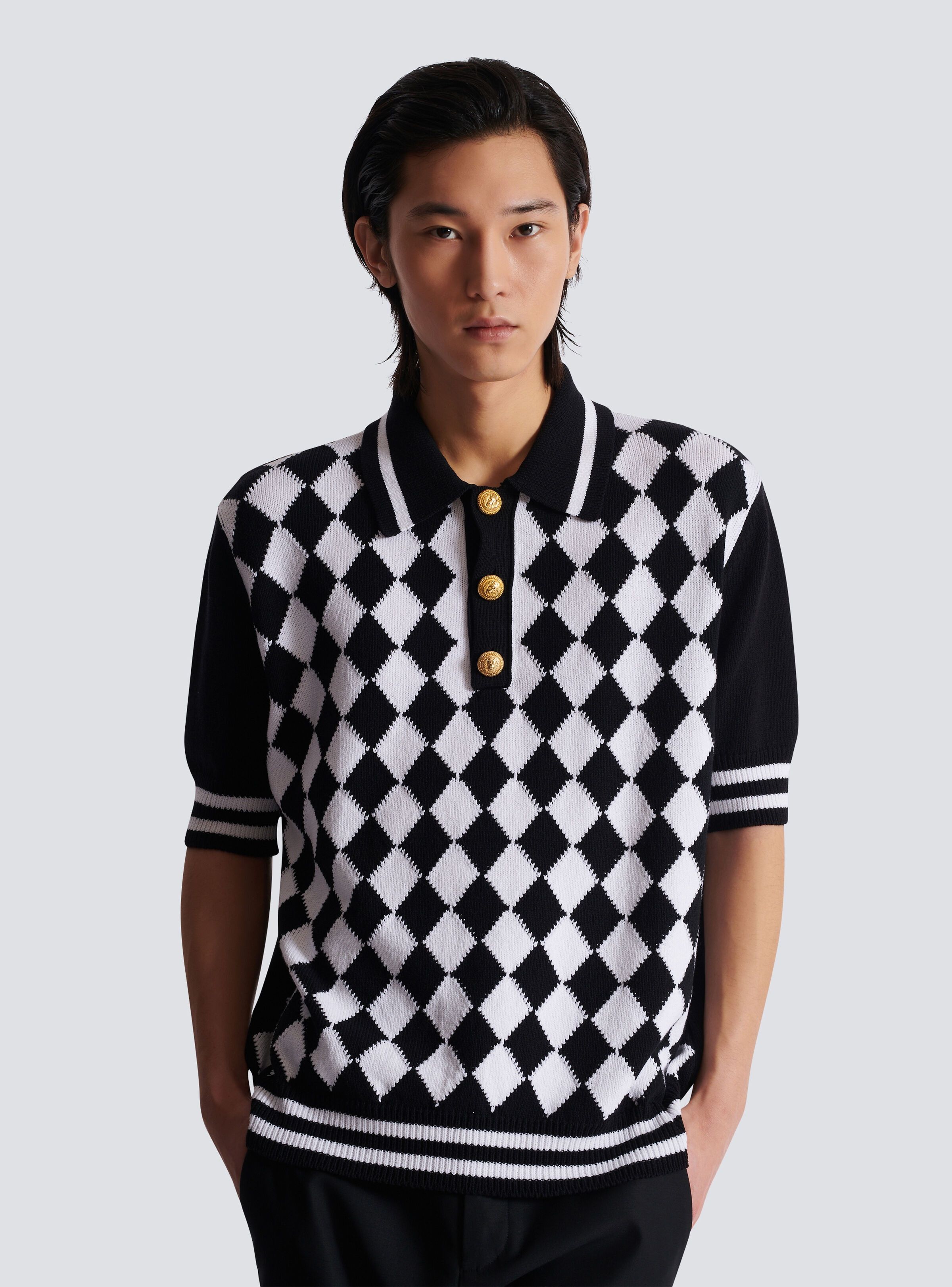 Balmain o1s1wg110925 Knitted Diamond Polo Shirt in Black/White Size US S / EU 44-46 / 1 - 4 Thumbnail