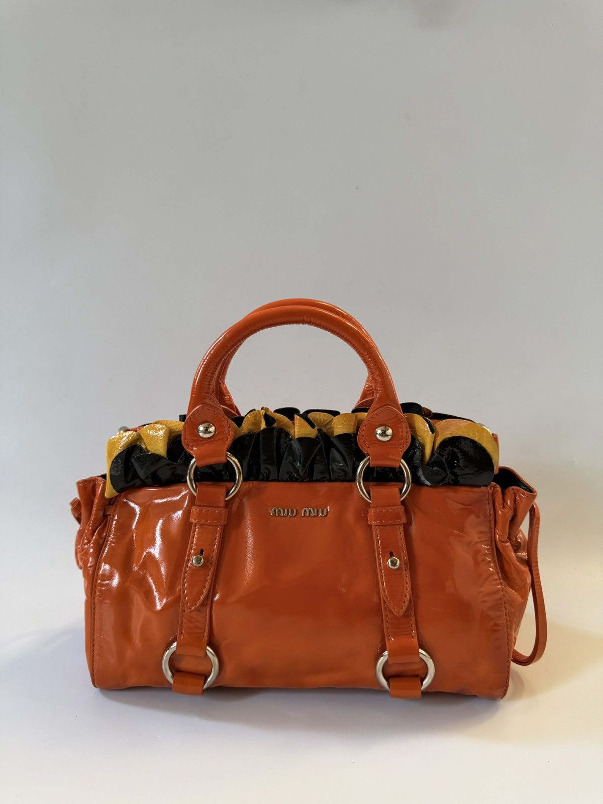 Miu Miu Orange Patent Raffled Black & Yellow Trim Handbag