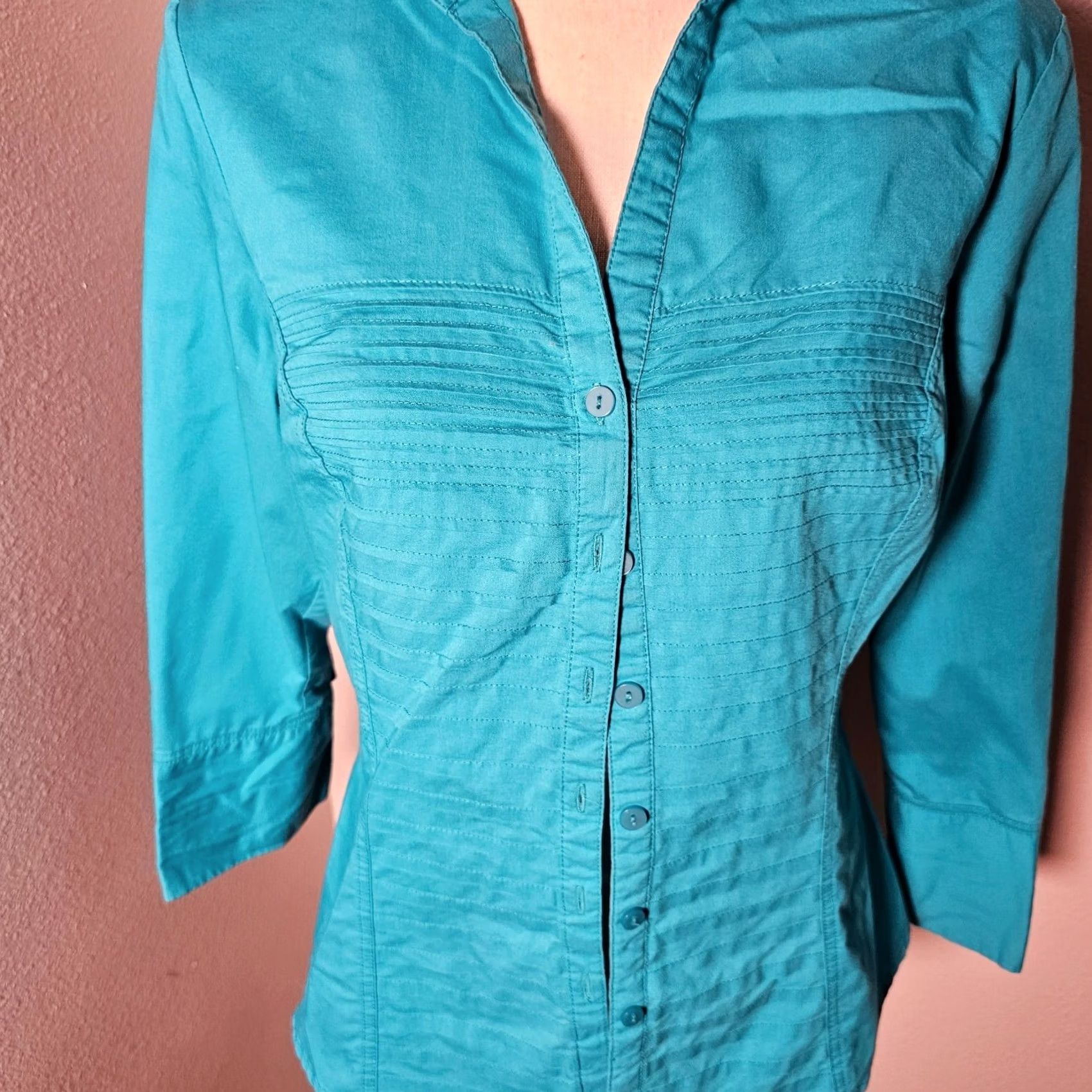 Vintage Signature by Larry Levine Womens Button-Up Blouse Long Sleeve Teal Size M Size M / US 6-8 / IT 42-44 - 5 Thumbnail