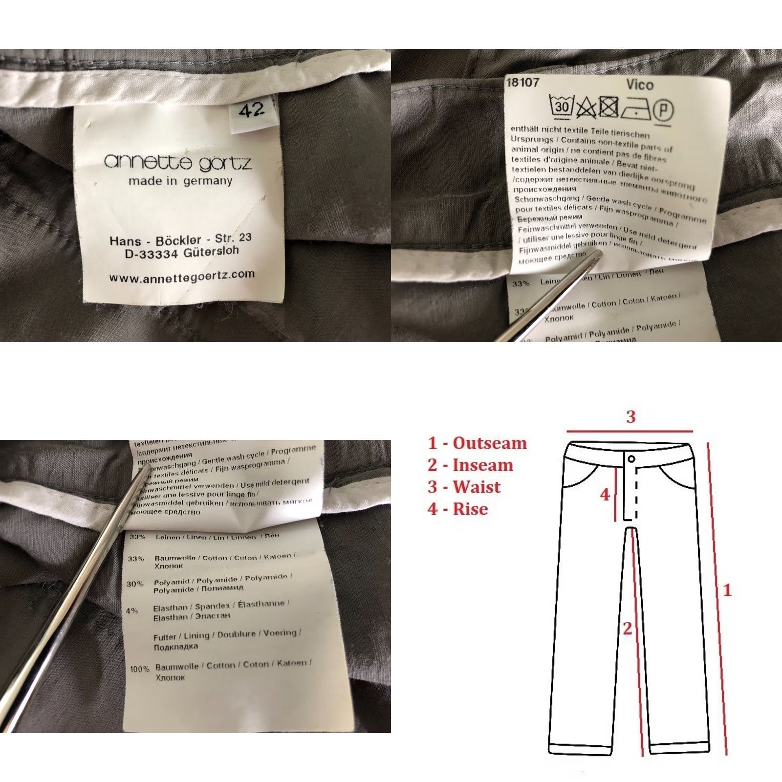 Vintage Annette Gortz Women's Pants Gray Linen Blend Size 42 Wide-Leg Size 28" / US 6 / IT 42 - 9 Thumbnail