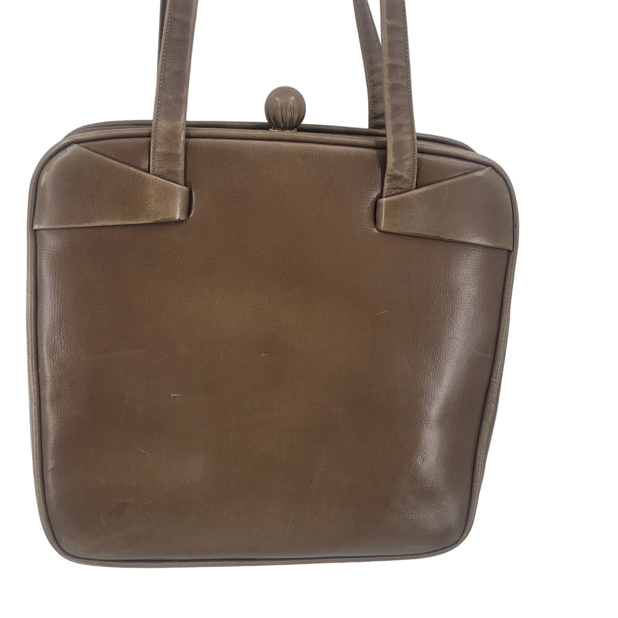 Vintage 60s 50s Brown Leather Handbag Framed Square Top Handle Size ONE SIZE - 11 Thumbnail