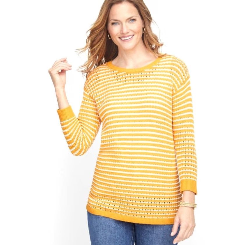 Talbots Talbots Sweater Striped Pullover Yellow White Petite M Womens Pullover Knit Cotton Lyocell 28.5" Length 18" Chest 16" Sleeve 16" Nicely Sheer? N/A Size M / US 6-8 / IT 42-44 - 2 Thumbnail