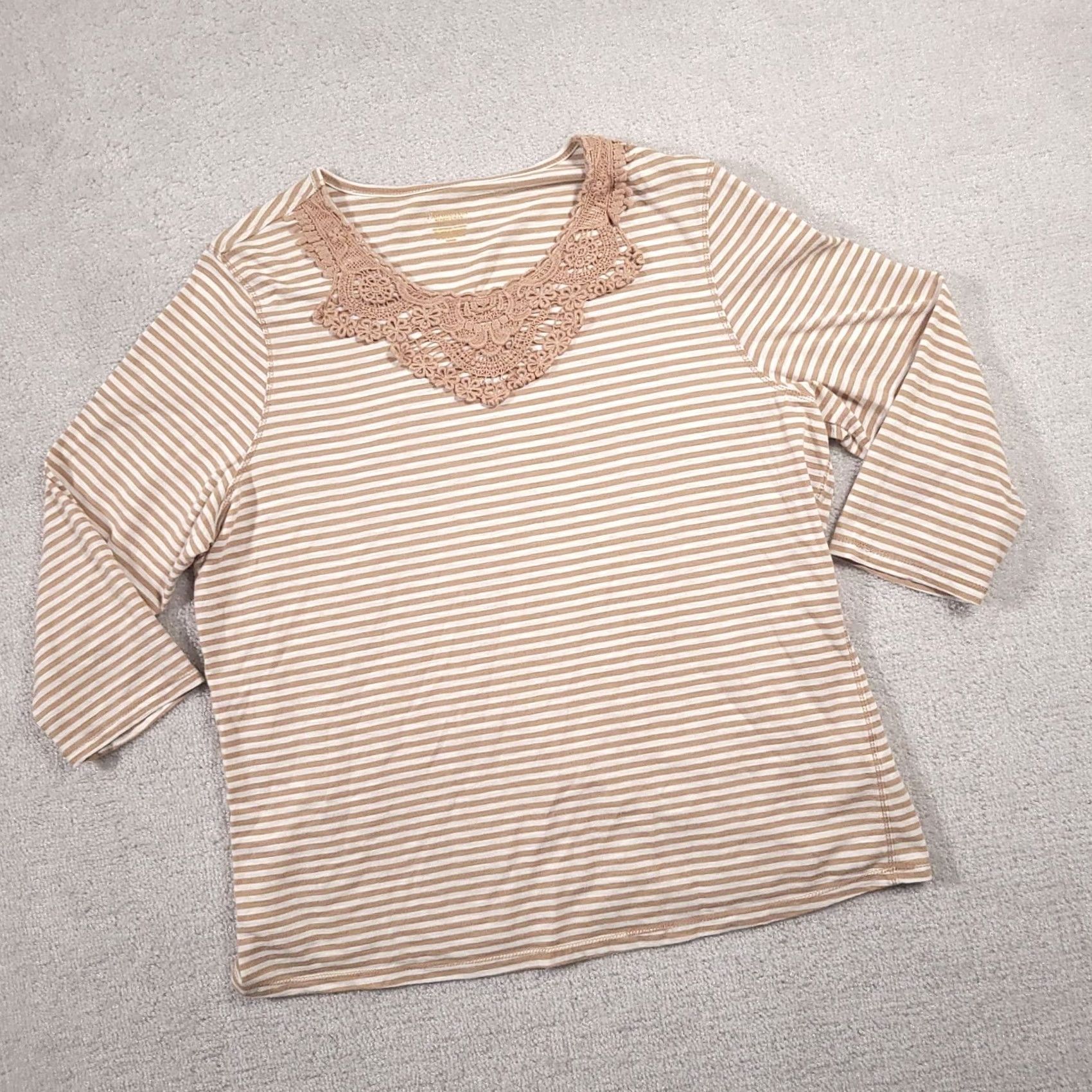 Vintage Northcrest Women's 1X Plus Brown Stripe 3/4 Sleeve Scoop Neck Crochet Shirt Size XL / US 12-14 / IT 48-50 - 2 Thumbnail