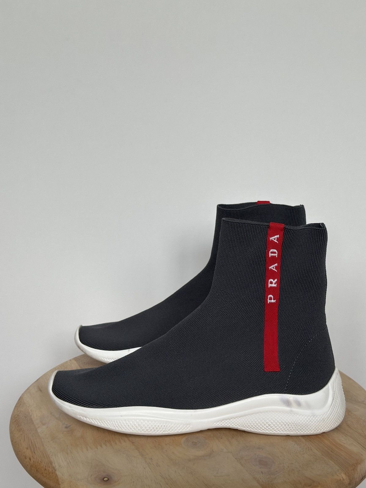 Designer × Prada Prada sock sneakers grey logo spellout Size US 5 / IT 35 - 1 Thumbnail