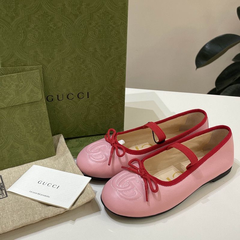 Gucci Gucci Pink Leather Bow Flat Shoes for Kids 0079 Size US 12 / EU 45 - 1 Thumbnail