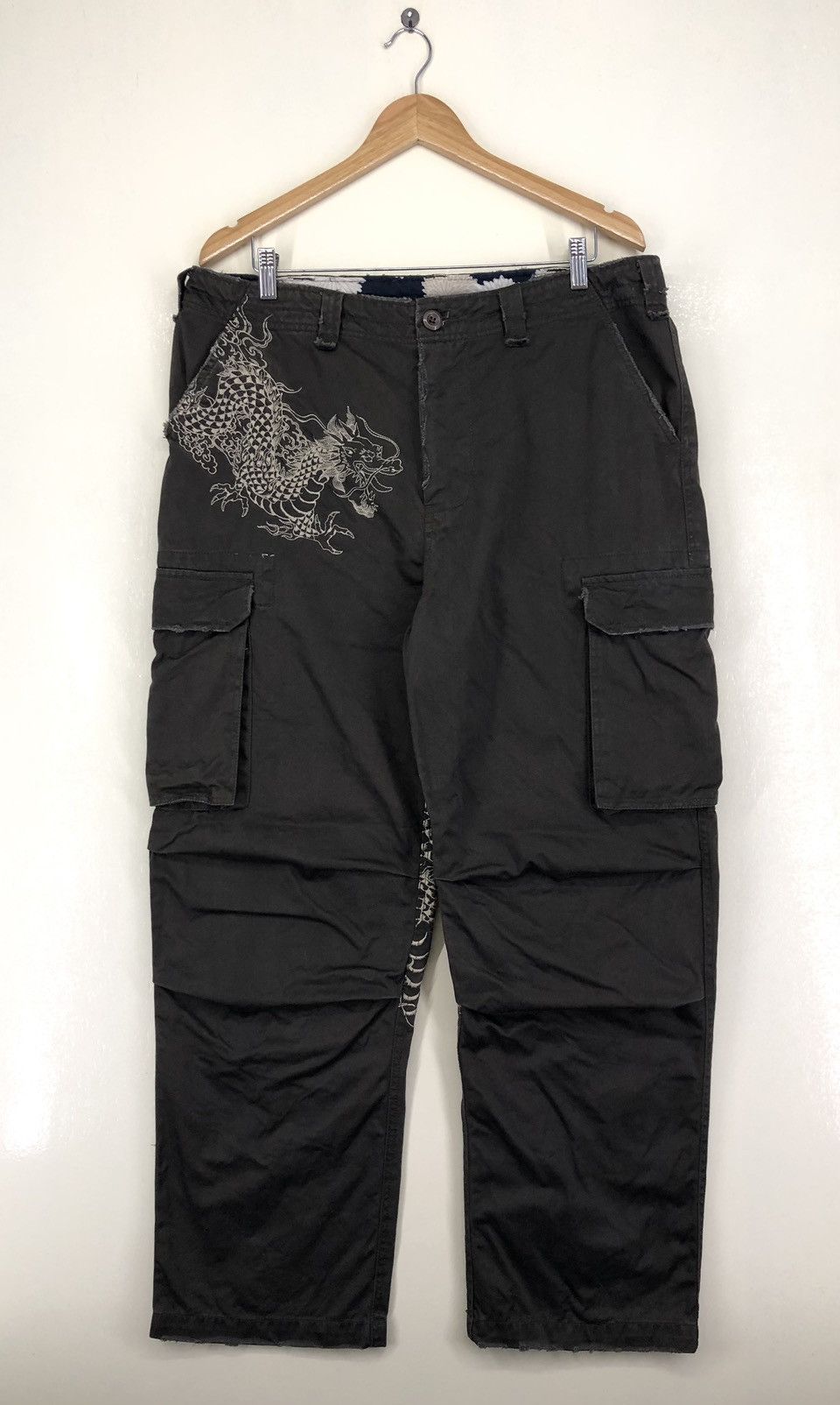 image of Japanese Domestic Sukajan Fashion Dragon Bondage Cargo Pants in Brown, Men's (Size 36)