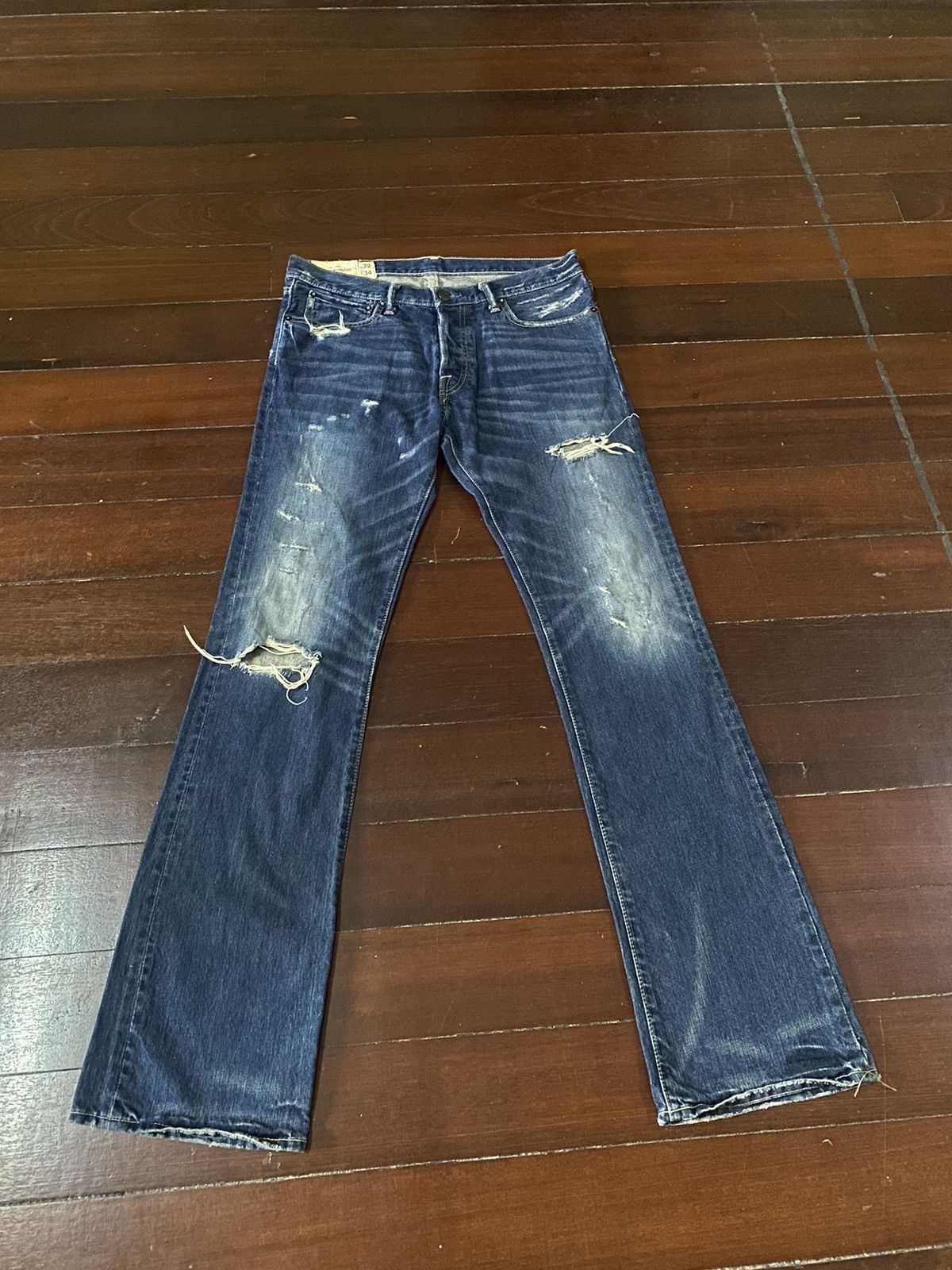 image of Abercrombie Fitch x Distressed Denim Fire Abercrombie & Fitch Flare Jeans Ripped Distressed in Blue