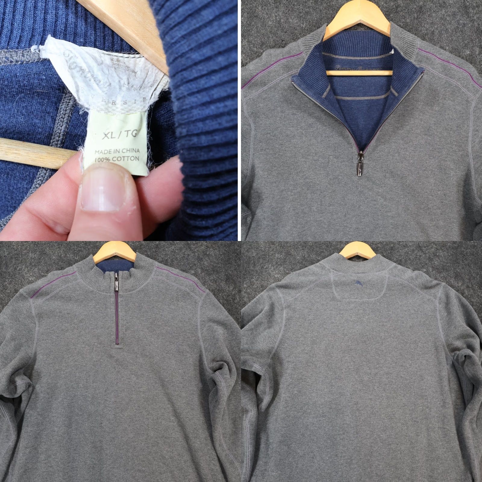 Tommy Bahama VINTAGE Tommy Bahama Quarter Zip Pullover Mens XL Gray Excellent Reversible Cotton 1745 Size US XL / EU 56 / 4 - 8 Thumbnail