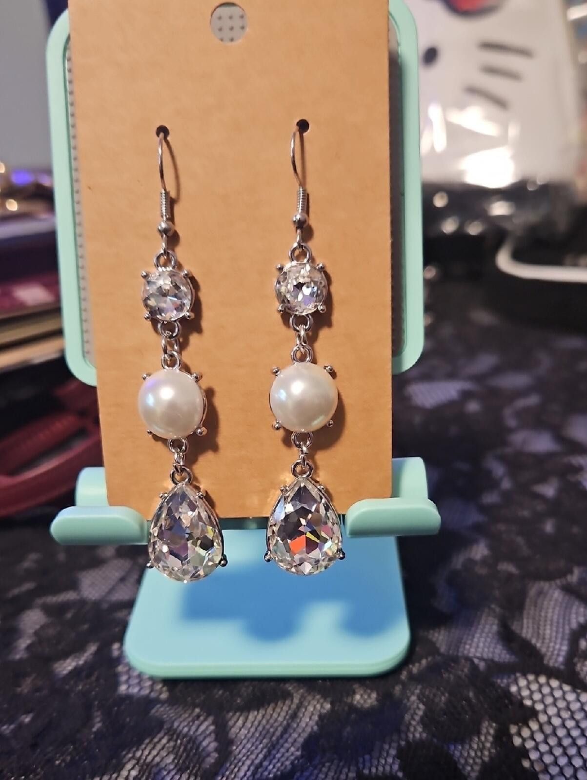 Other Silver Pearl and Clear Crystal Drop Earrings Size ONE SIZE - 1 Thumbnail