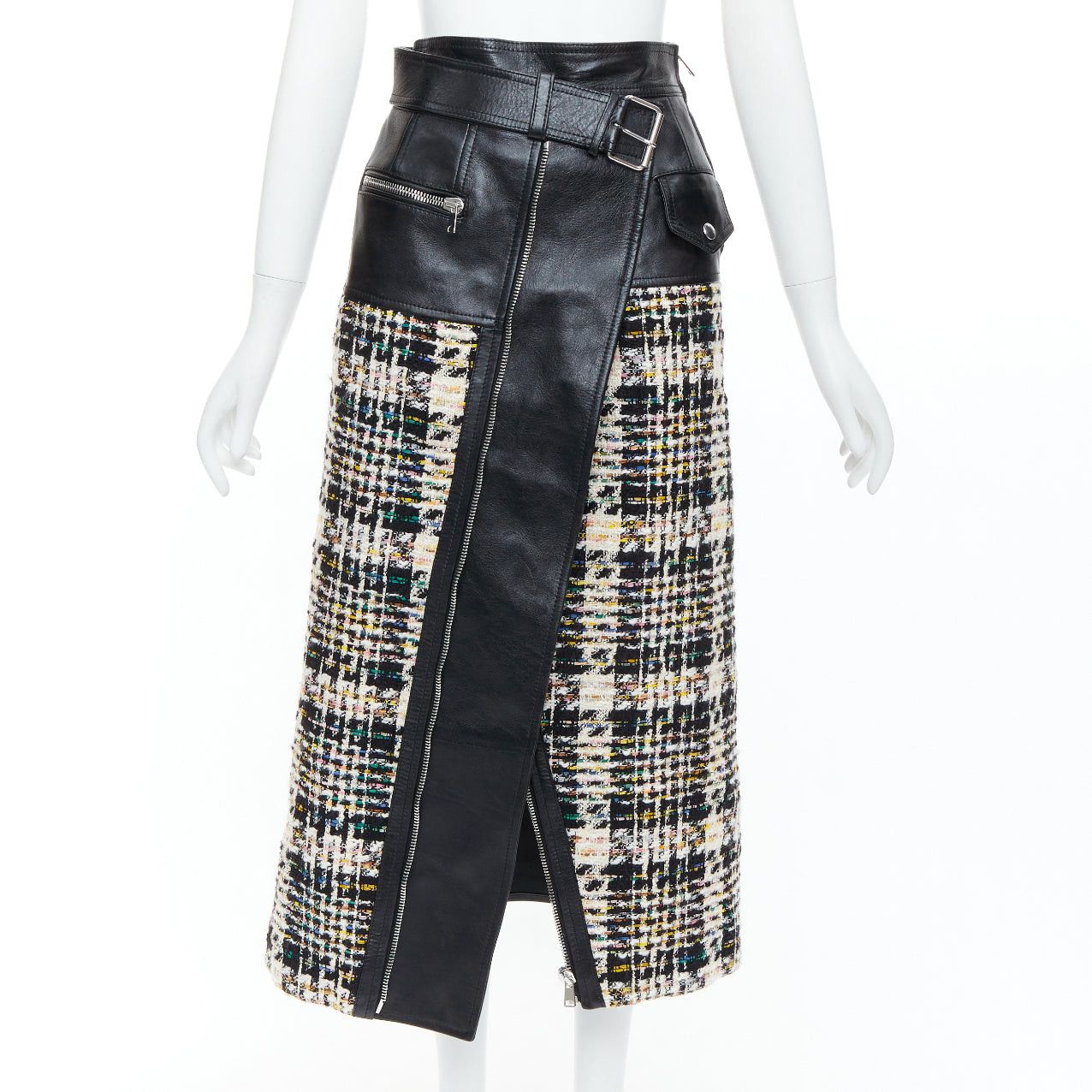 Alexander McQueen ALEXANDER MCQUEEN 2023 Hybrid leather tweed deconstructed biker skirt IT36 XXS Size 25" / US 0 / IT 36 - 1 Thumbnail