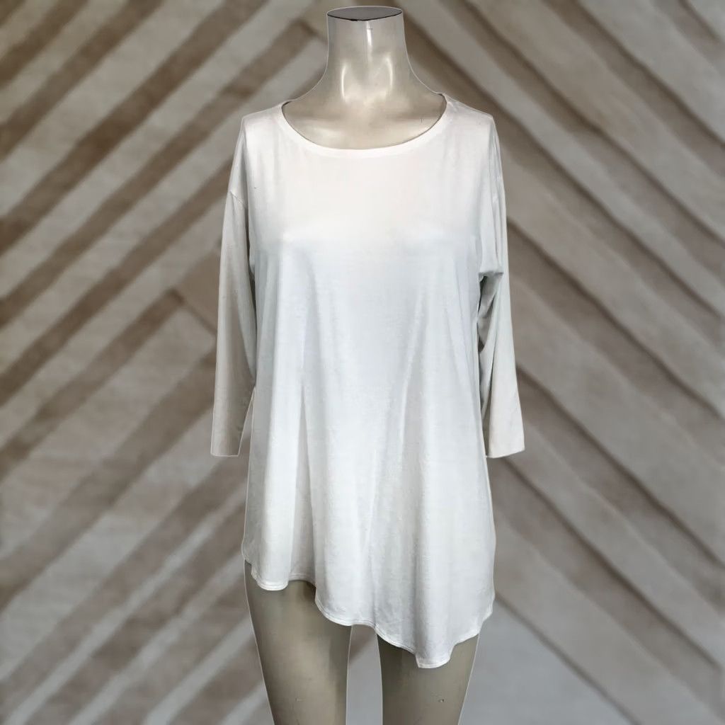 Eileen Fisher EILEEN FISHER Women Medium White 3/4 Sleeve Round Neck Asymmetrical Hem Top Blouse Shirt M Womens Menace? Size M / US 6-8 / IT 42-44 - 1 Thumbnail