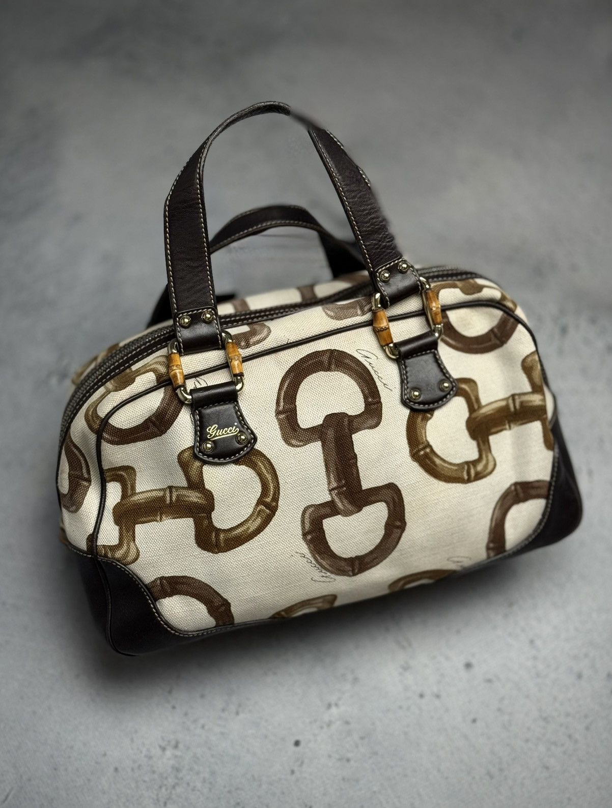 Gucci Vintage Gucci Bamboo Canvas Boston Bag Brown Leather Trim Size ONE SIZE - 1 Thumbnail