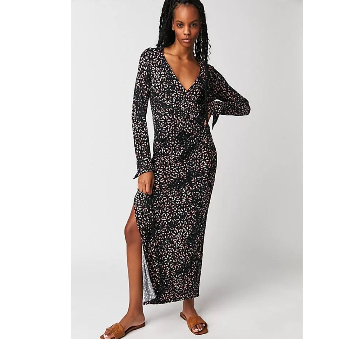 Free People New Free People Shayla Wrap Midi Dress $128 X-SMALL Black Size XS / US 0-2 / IT 36-38 - 1 Thumbnail