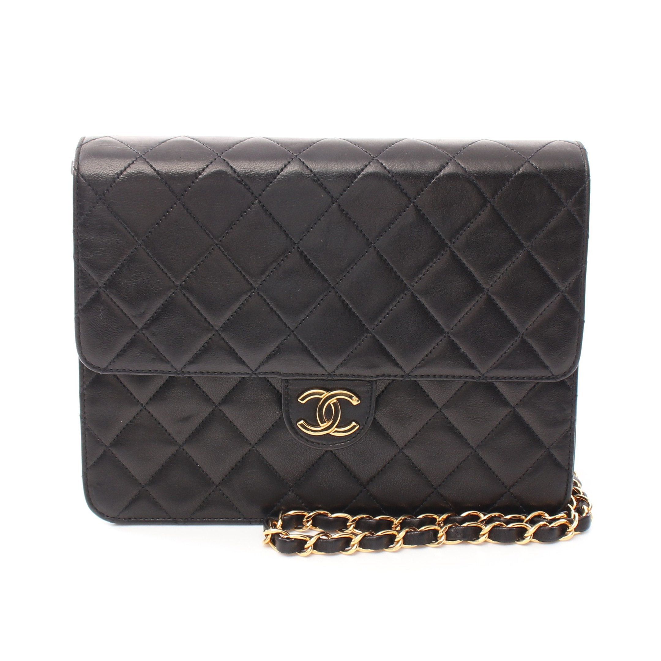 Chanel Matelasse Chain Shoulder Bag Lambskin Black Gold Hardware Push Lock