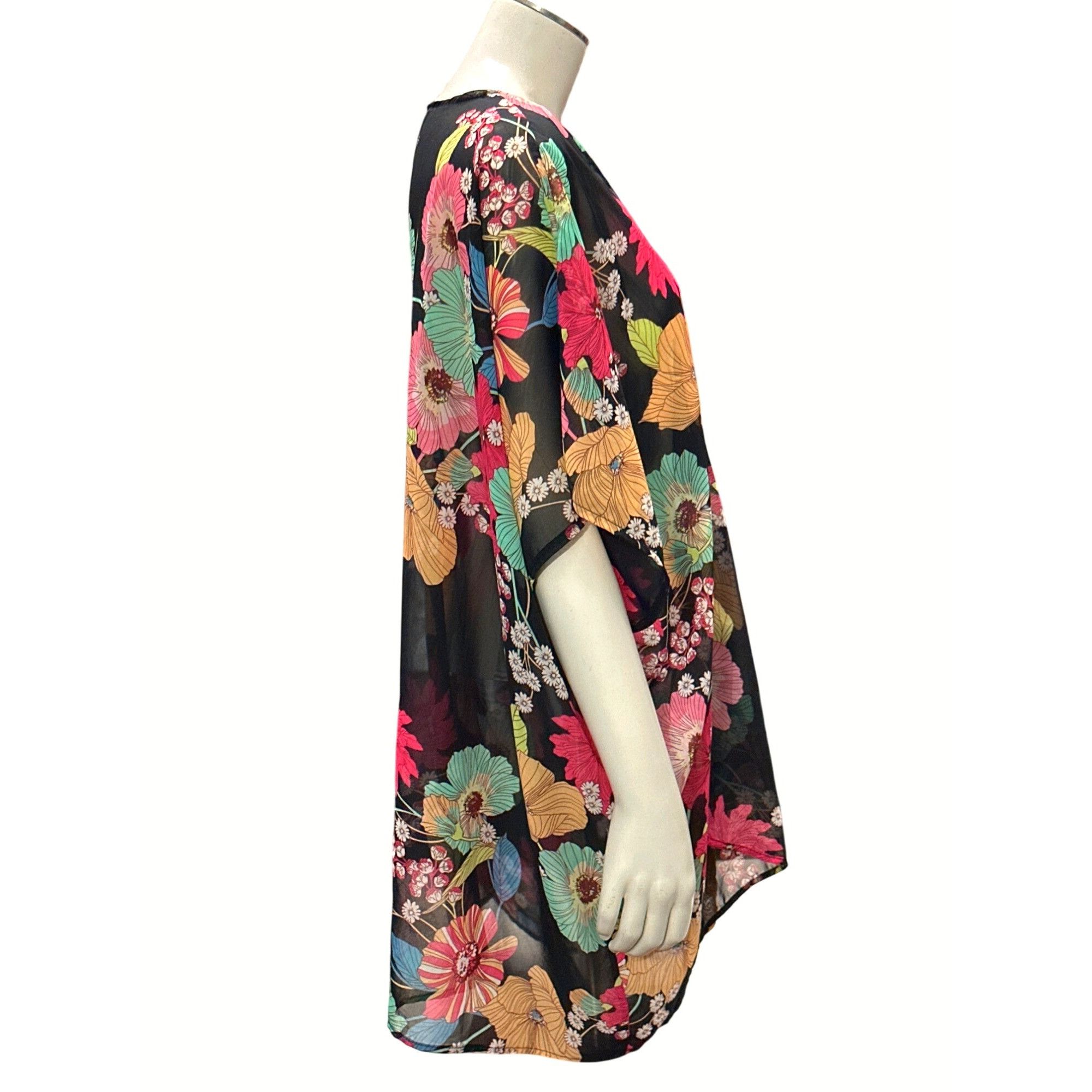 Other CCC Floral Sheer Black Print Tunic Cover Up V Neck Dolman Sl Size ONE SIZE - 4 Thumbnail