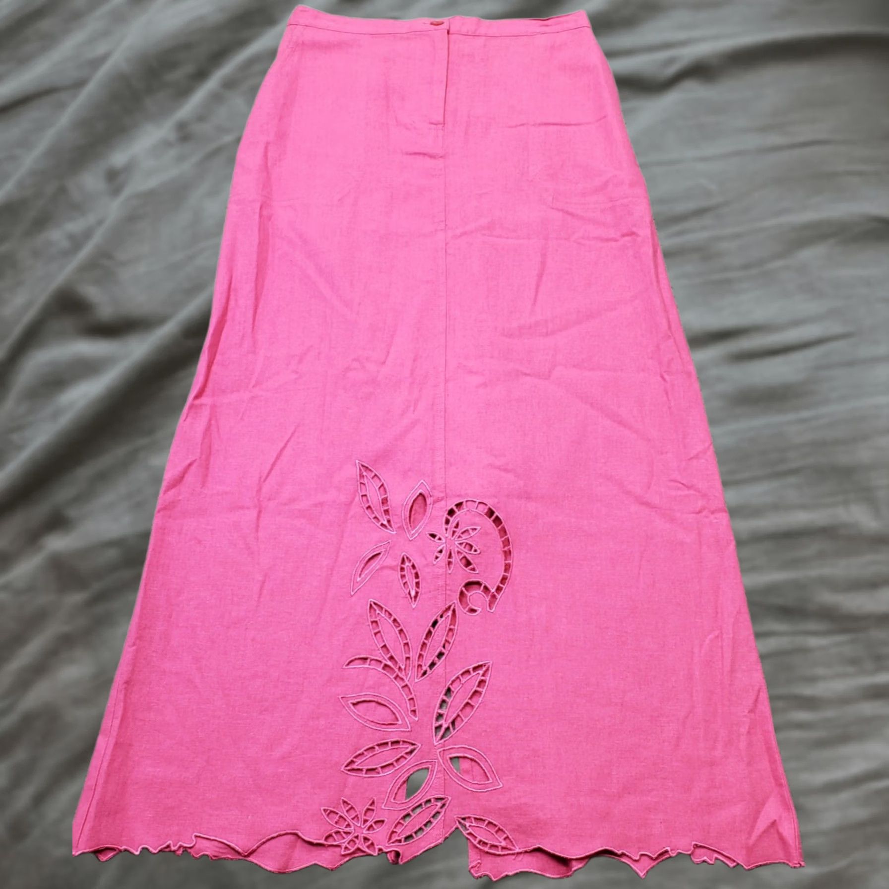 Pinko ISC Long Skirt Womens S Pink Linen Laser Cut Trim Hem Button Front - A-Line, Lightweight, Outdoor, Casual, 34.75" Length Size 28" / US 6 / IT 42 - 1 Thumbnail