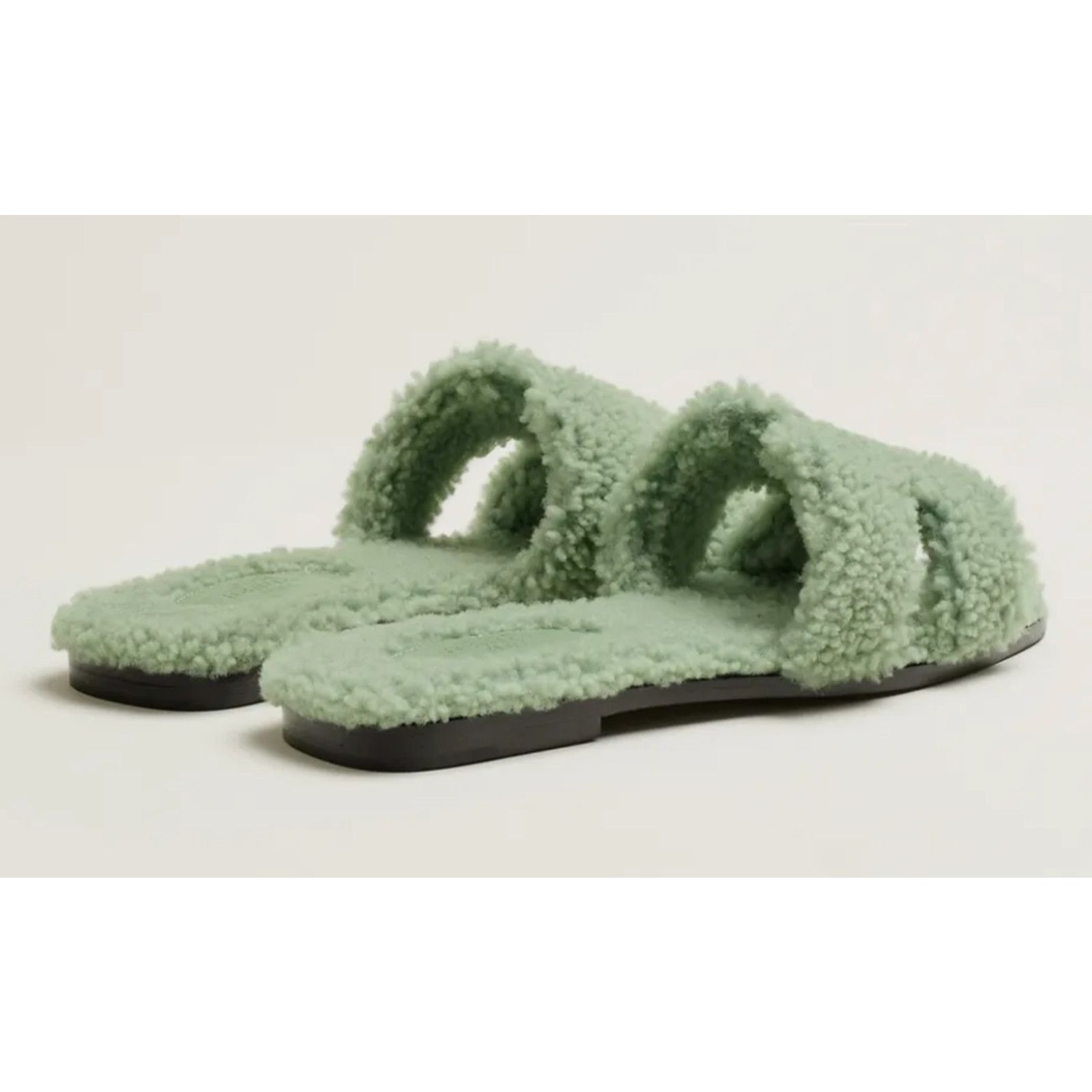 Hermes Hermes Oran Teddy Shearling Fur Green H Logo Slide Sandal Size US 9 / IT 39 - 10 Thumbnail