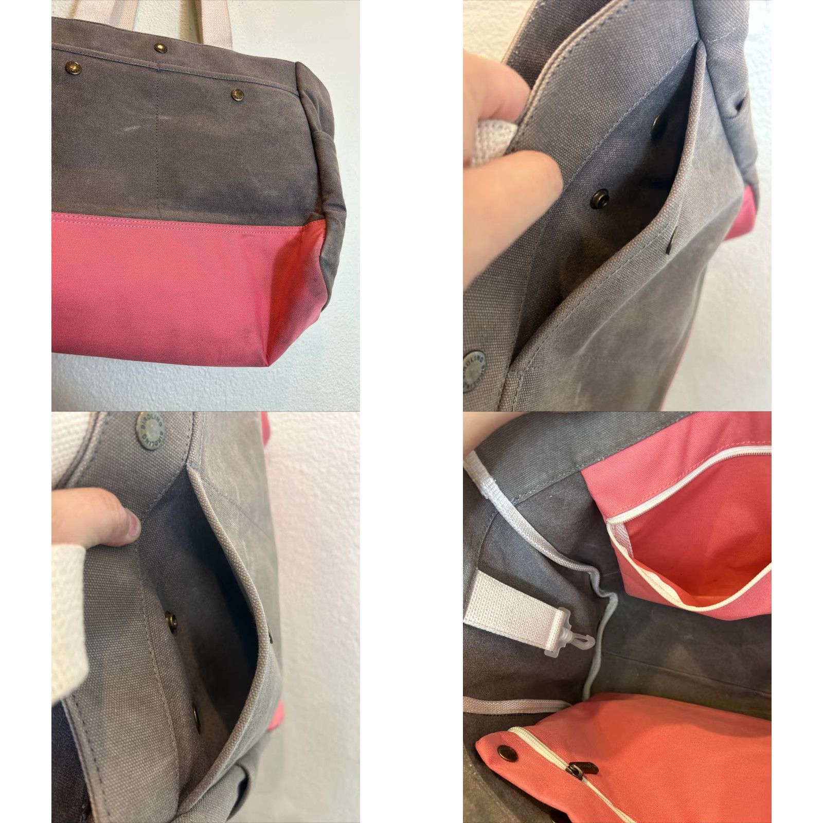 Vintage BIRDLING Tote Bag Medium Canvas Gray Pink Shoulder Interior Pouch 14x11x7 Unisex Adults Large Gray Hardware Pockets Size ONE SIZE - 9 Thumbnail
