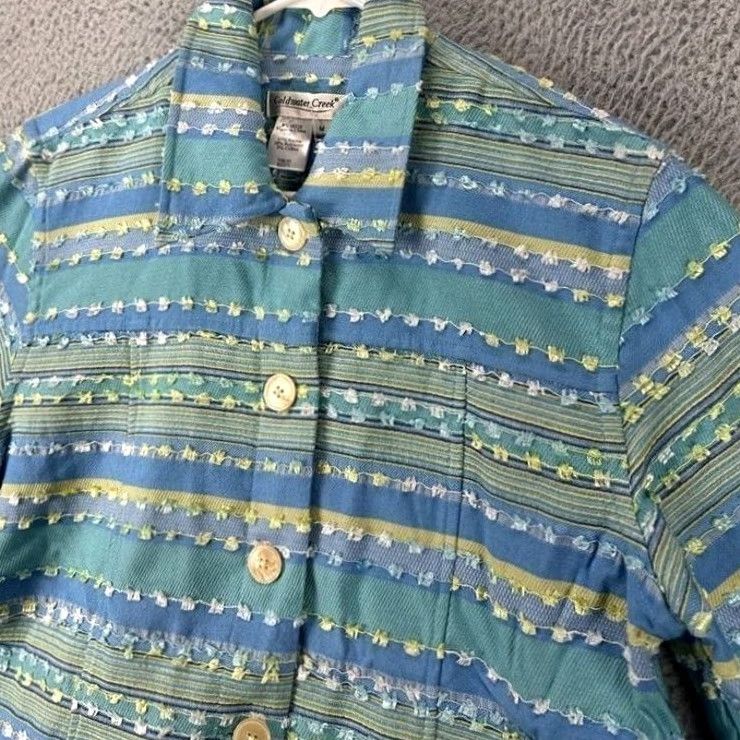 Coldwater Creek COLIWATER CREEK jean jacket striped blue green collar button front casual womens M blue striped bohemian retro hippie casual long sleeve jacket Size 32" / US 10 / IT 46 - 6 Thumbnail
