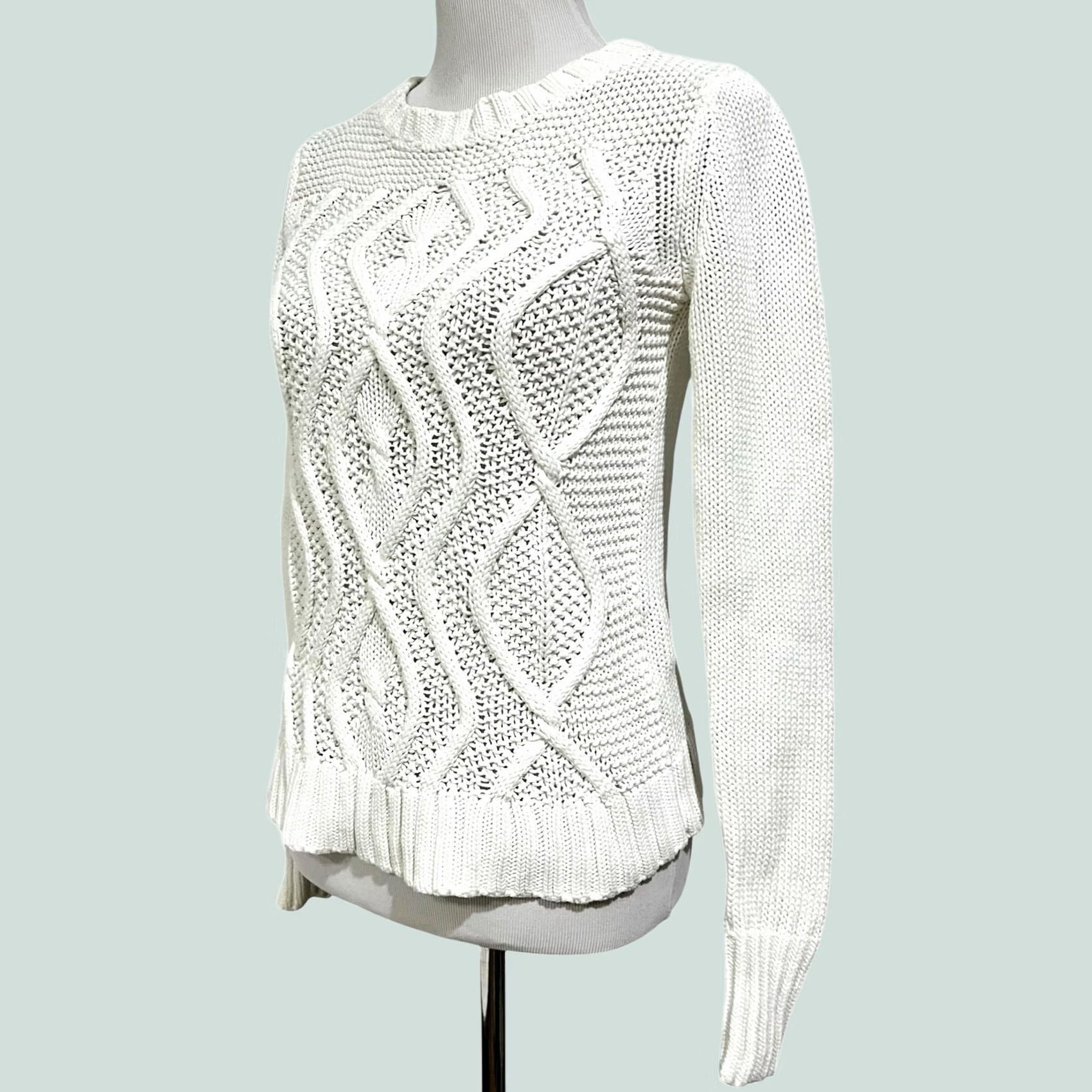 Lands' End Lands' End Drifter Cable Knit Sweater XS White Cotton Crew Neck Pullover Women Knit Split-Sleeve Casual Vintage? Size XS / US 0-2 / IT 36-38 - 1 Thumbnail