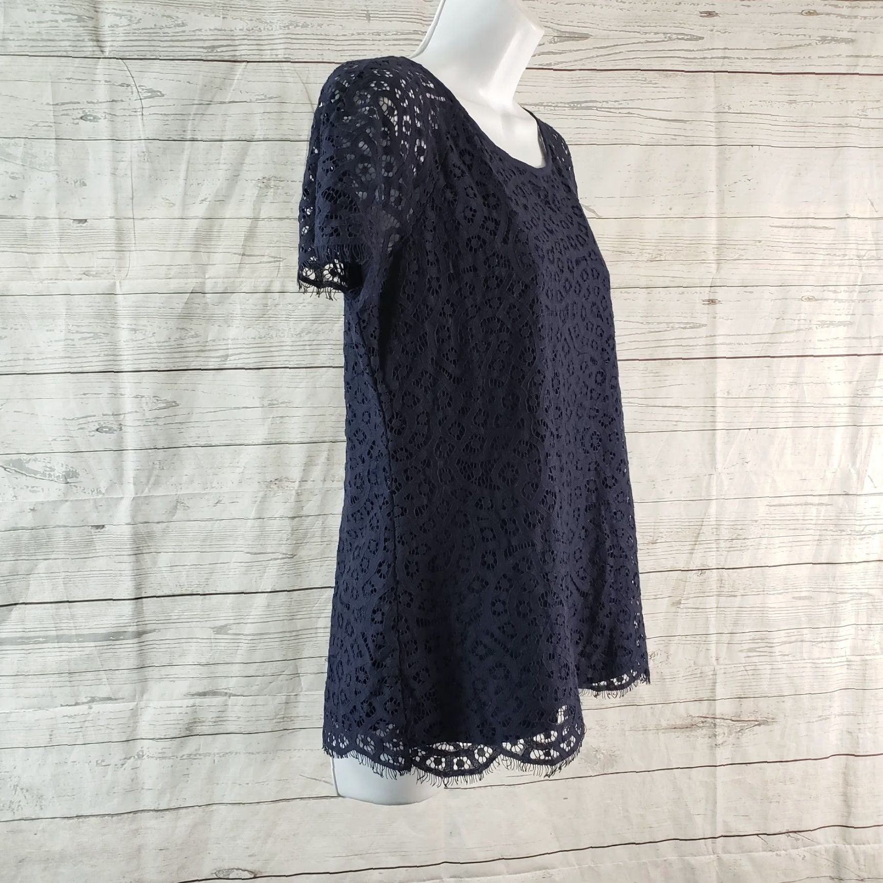 Vintage Solitaire Lace Top Blouse Short Sleeve Lined Womens Large Blue Shirt Size L / US 10 / IT 46 - 3 Thumbnail