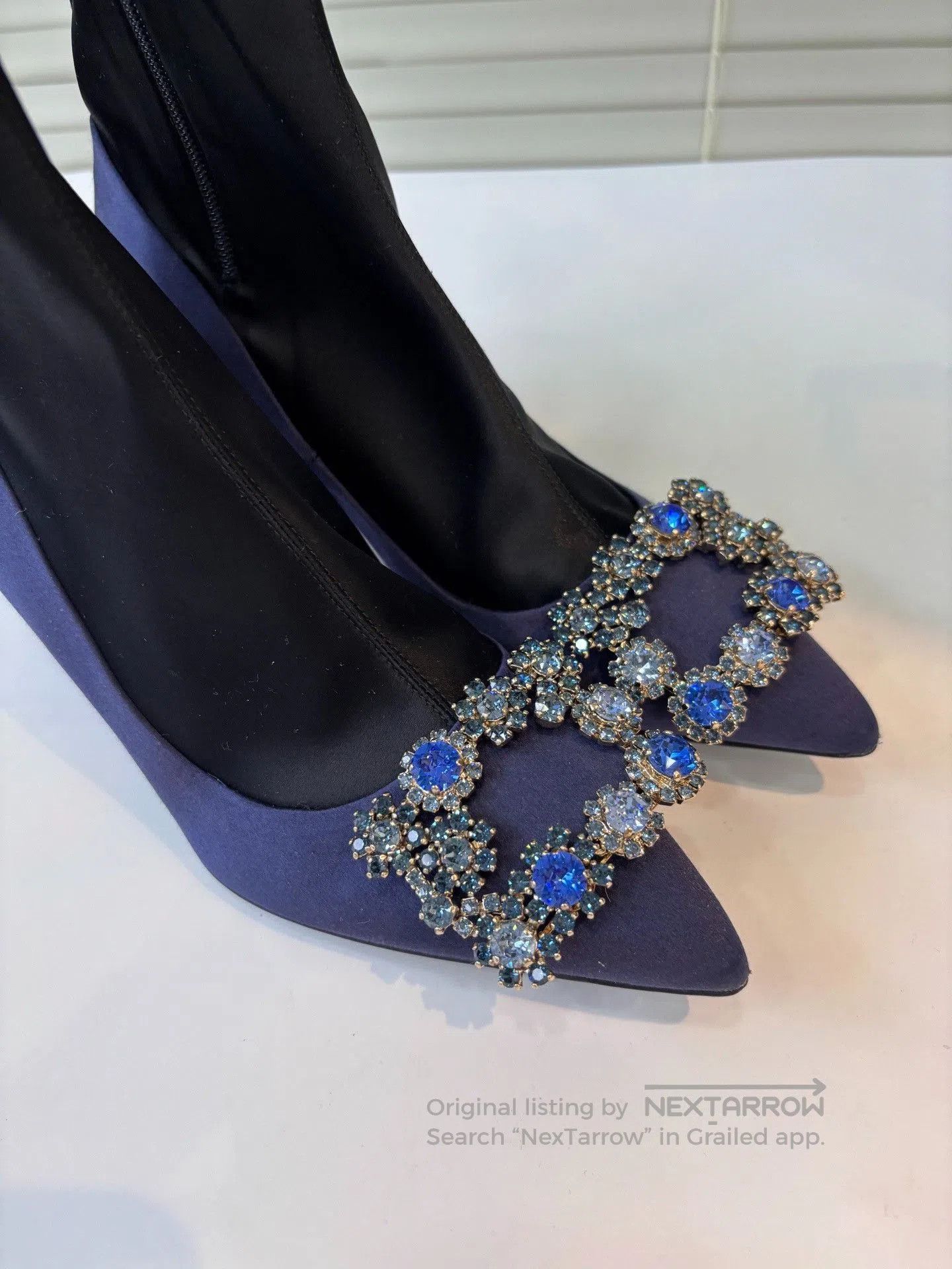Roger Vivier RV Blue Satin Diamond Buckle Ankle Boots. Size US 5 / IT 35 - 1 Thumbnail