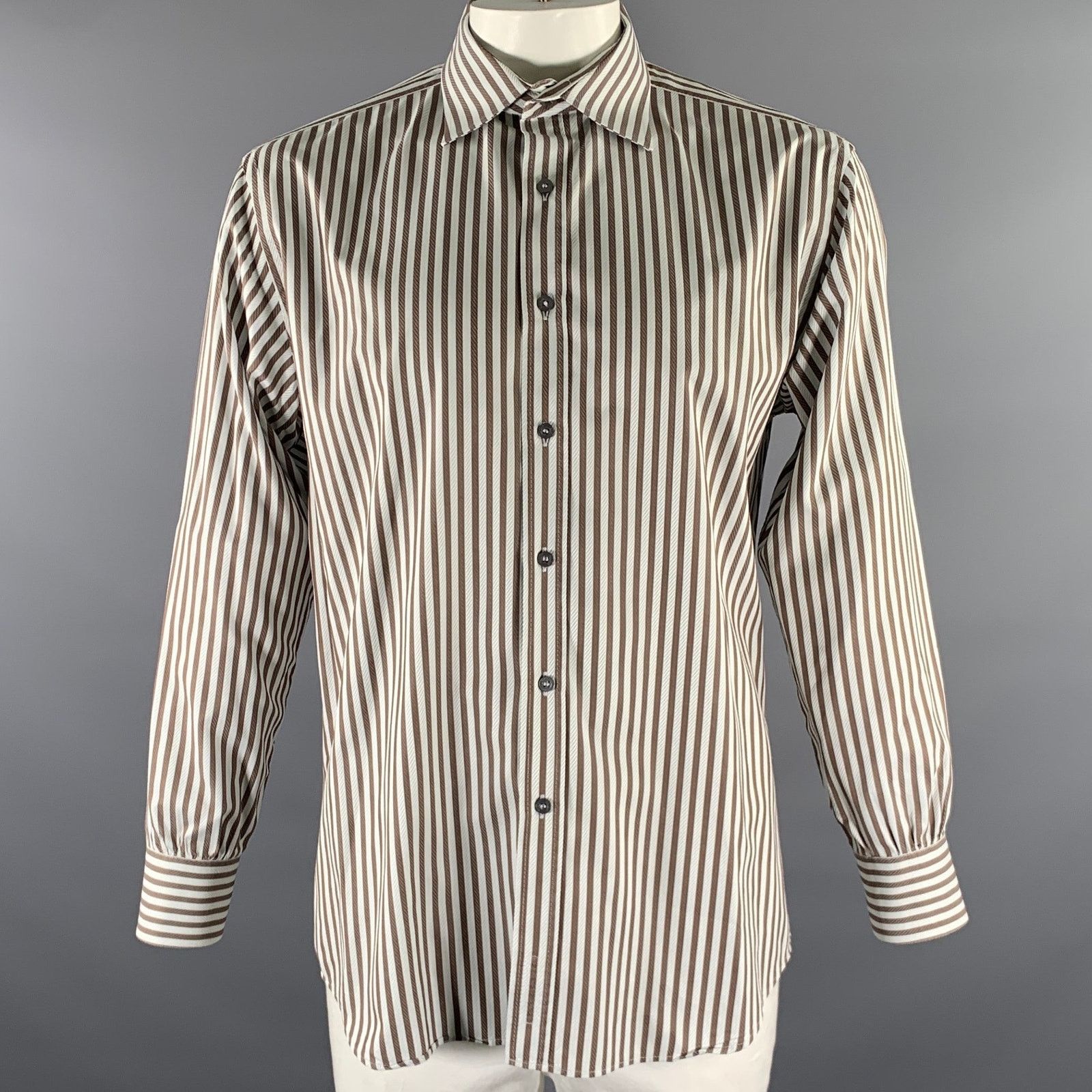 Paul Smith PAUL SMITH White Brown Striped Cotton Long Sleeve Shirt Size US XL / EU 56 / 4 - 1 Thumbnail
