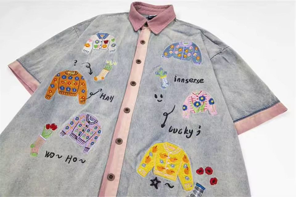 Japanese Brand Washed Printed Summer Hawaiian Vintage Denim Shirt Blouse Size US L / EU 52-54 / 3 - 4 Thumbnail